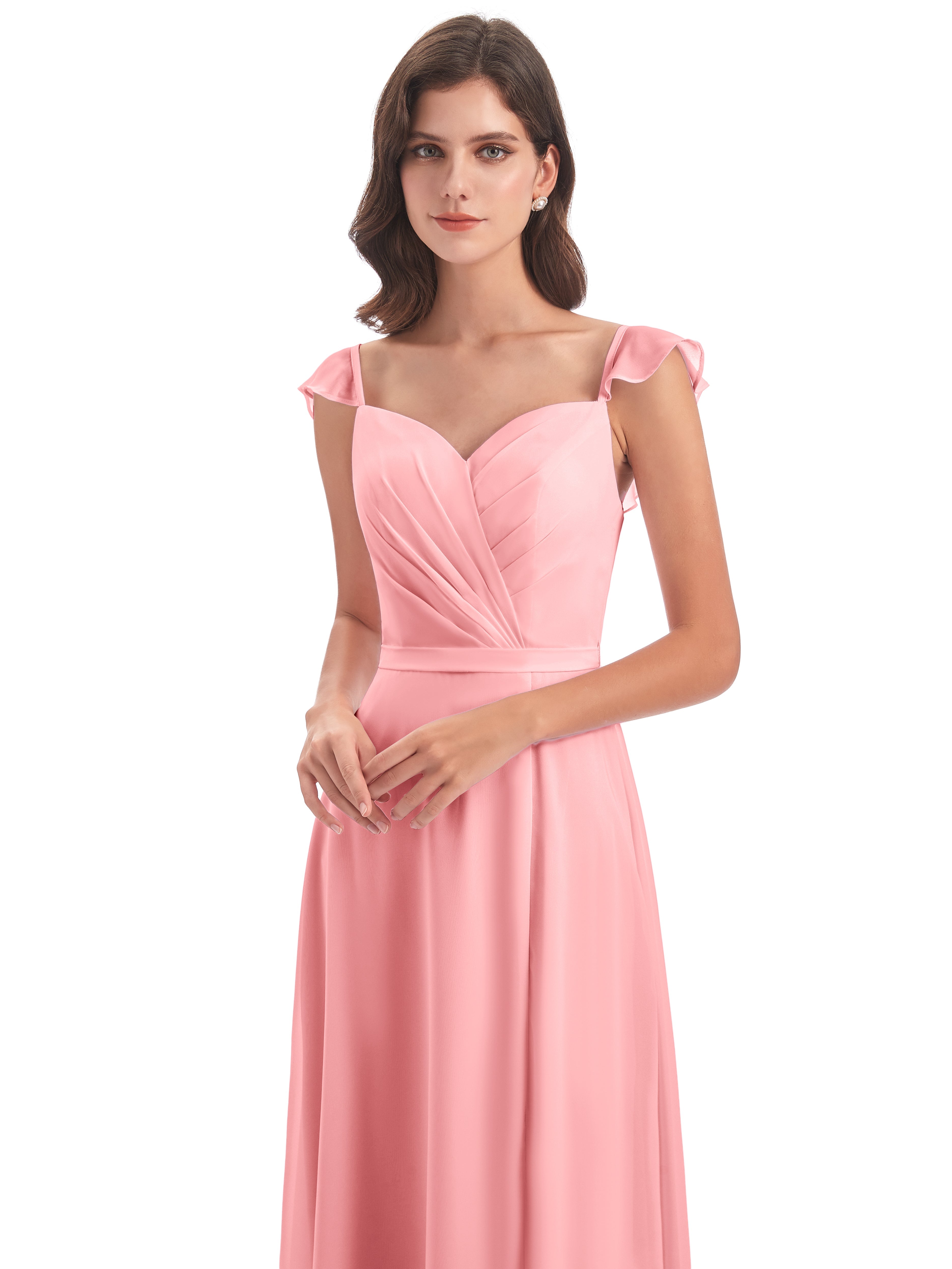 Robes De Demoiselle D'Honneur En Flamant Fourreau/Colonne Mancherons Fendue Devant Robes Demoiselle D'Honneur