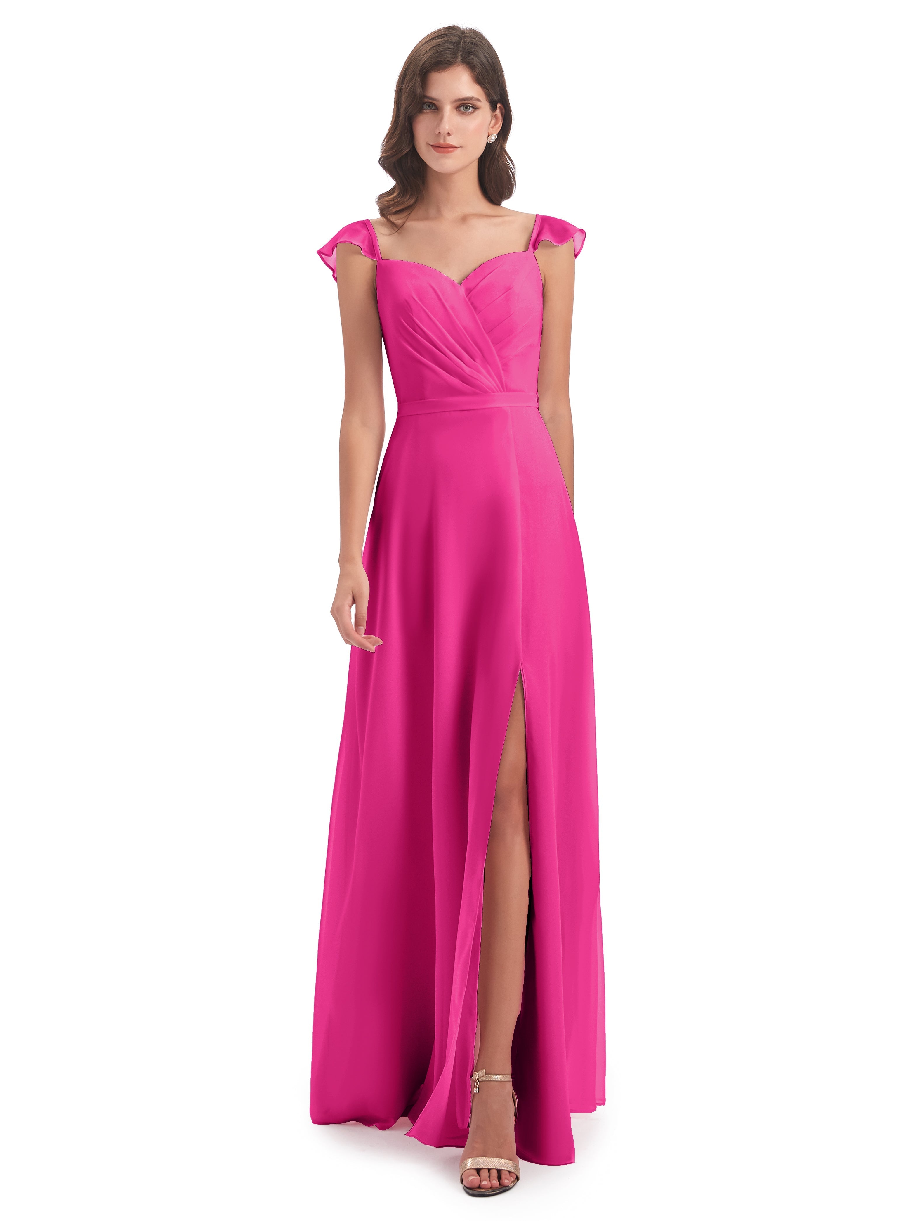 Robes De Demoiselle D'Honneur Rose Fuchsia Couleur Fourreau/Colonne Mancherons Fendue Devant Robes Demoiselle D'Honneur