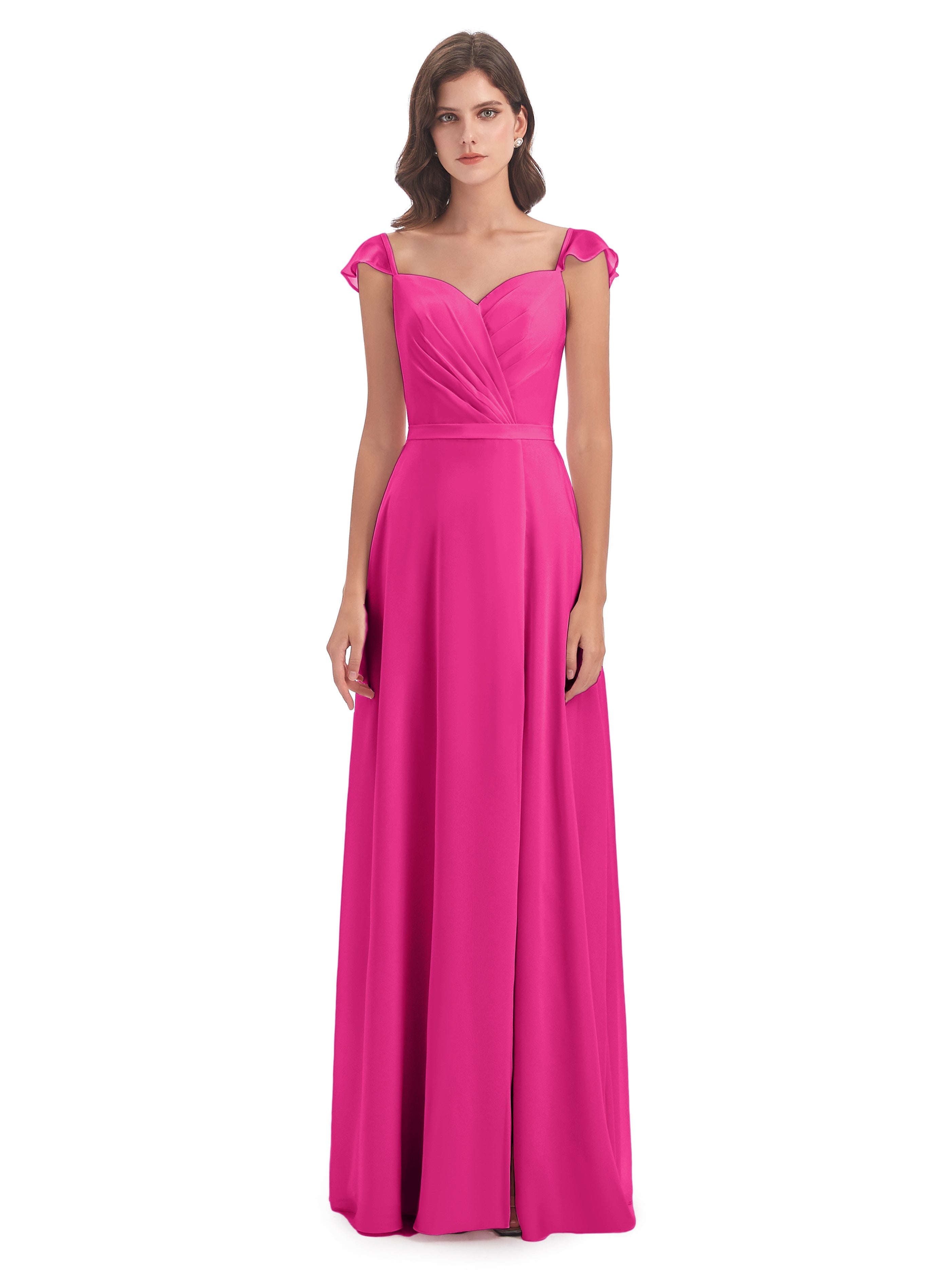 Robes De Demoiselle D'Honneur Rose Fuchsia Couleur Fourreau/Colonne Mancherons Fendue Devant Robes Demoiselle D'Honneur
