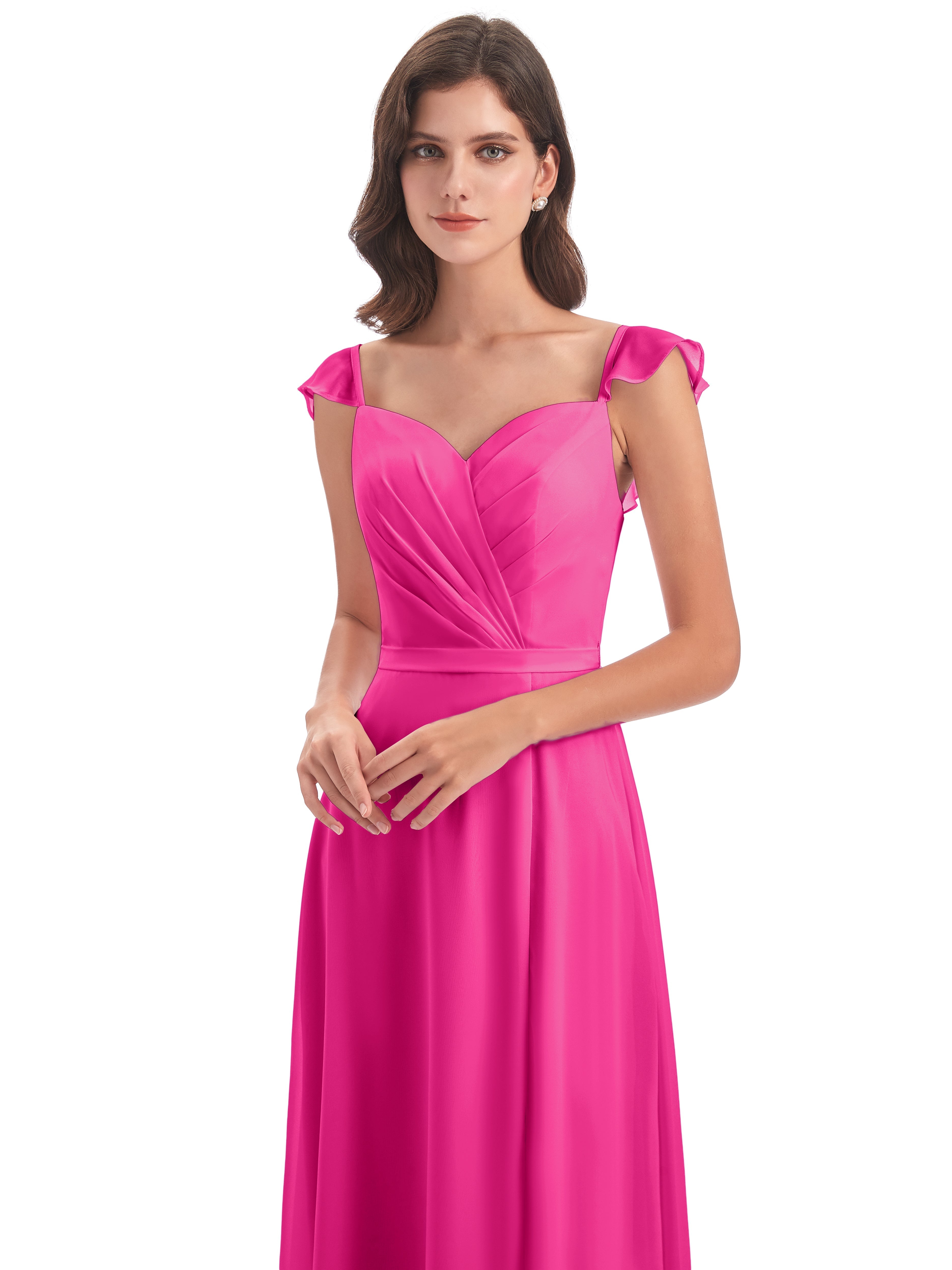 Robes De Demoiselle D'Honneur Rose Fuchsia Couleur Fourreau/Colonne Mancherons Fendue Devant Robes Demoiselle D'Honneur