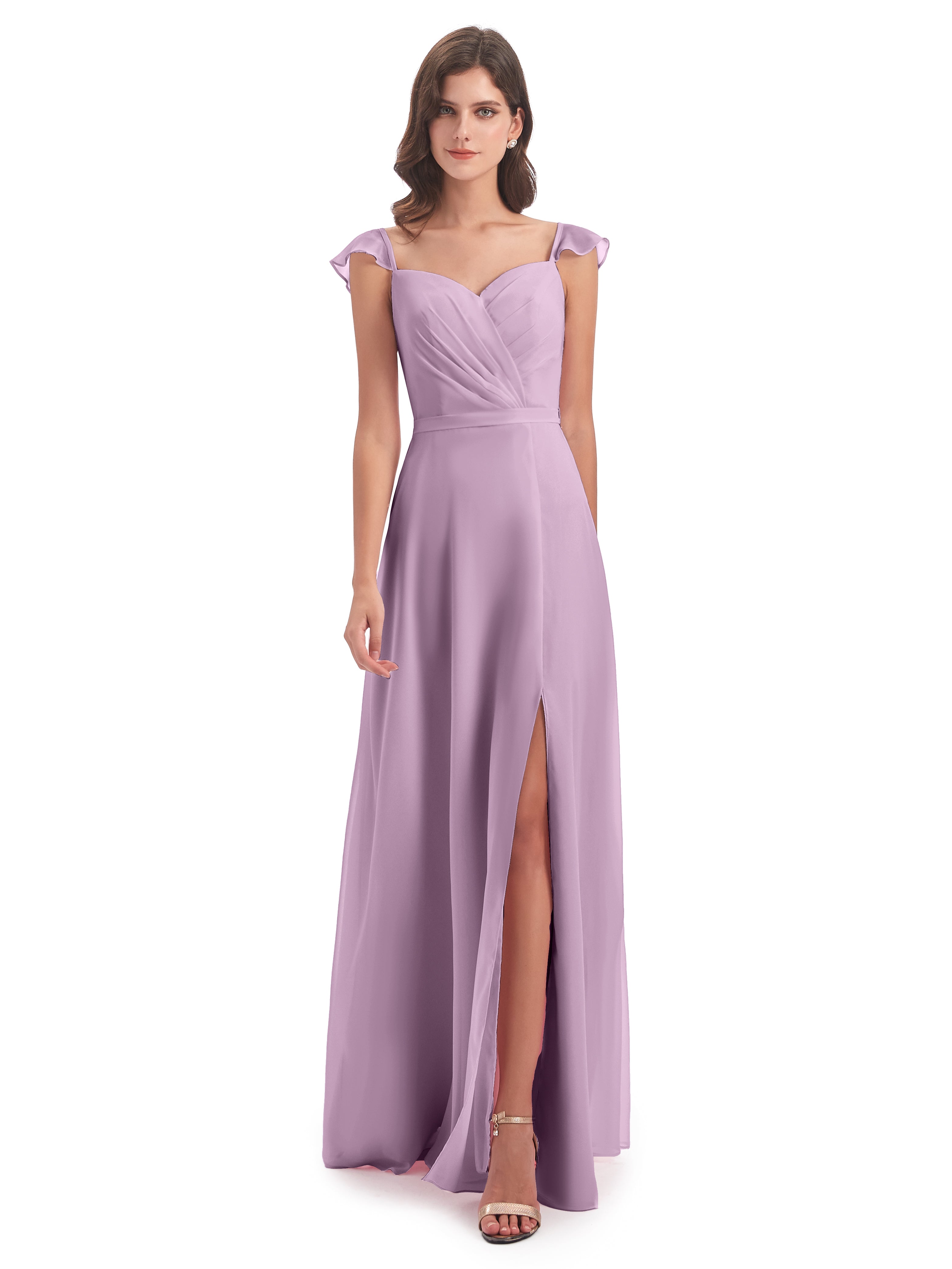 Robes De Demoiselle D'Honneur Glycine Fourreau/Colonne Mancherons Fendue Devant Robes Demoiselle D'Honneur