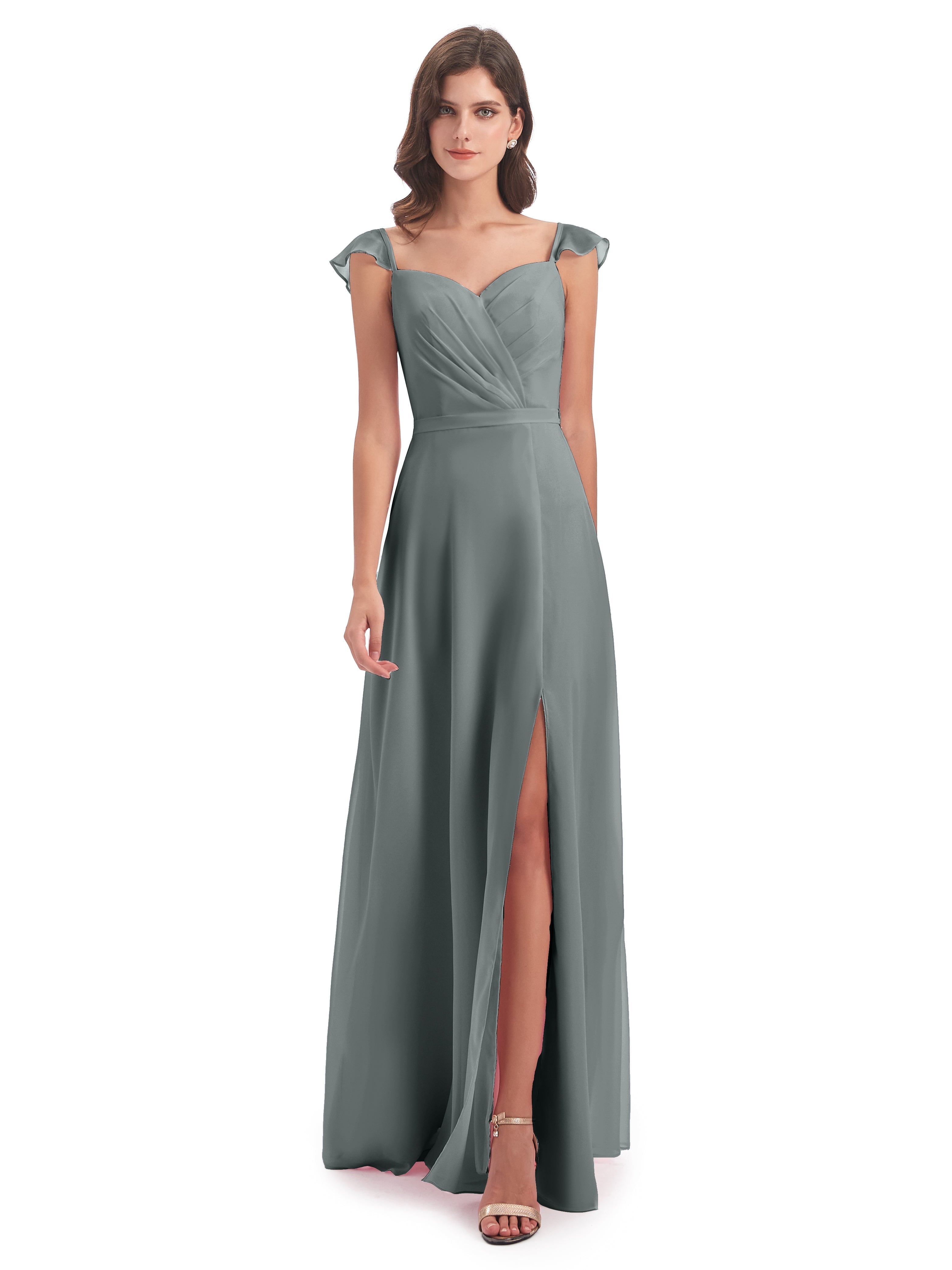 Robe Demoiselle D Honneur Grise Fourreau/Colonne Mancherons Fendue Devant Robes Demoiselle D'Honneur