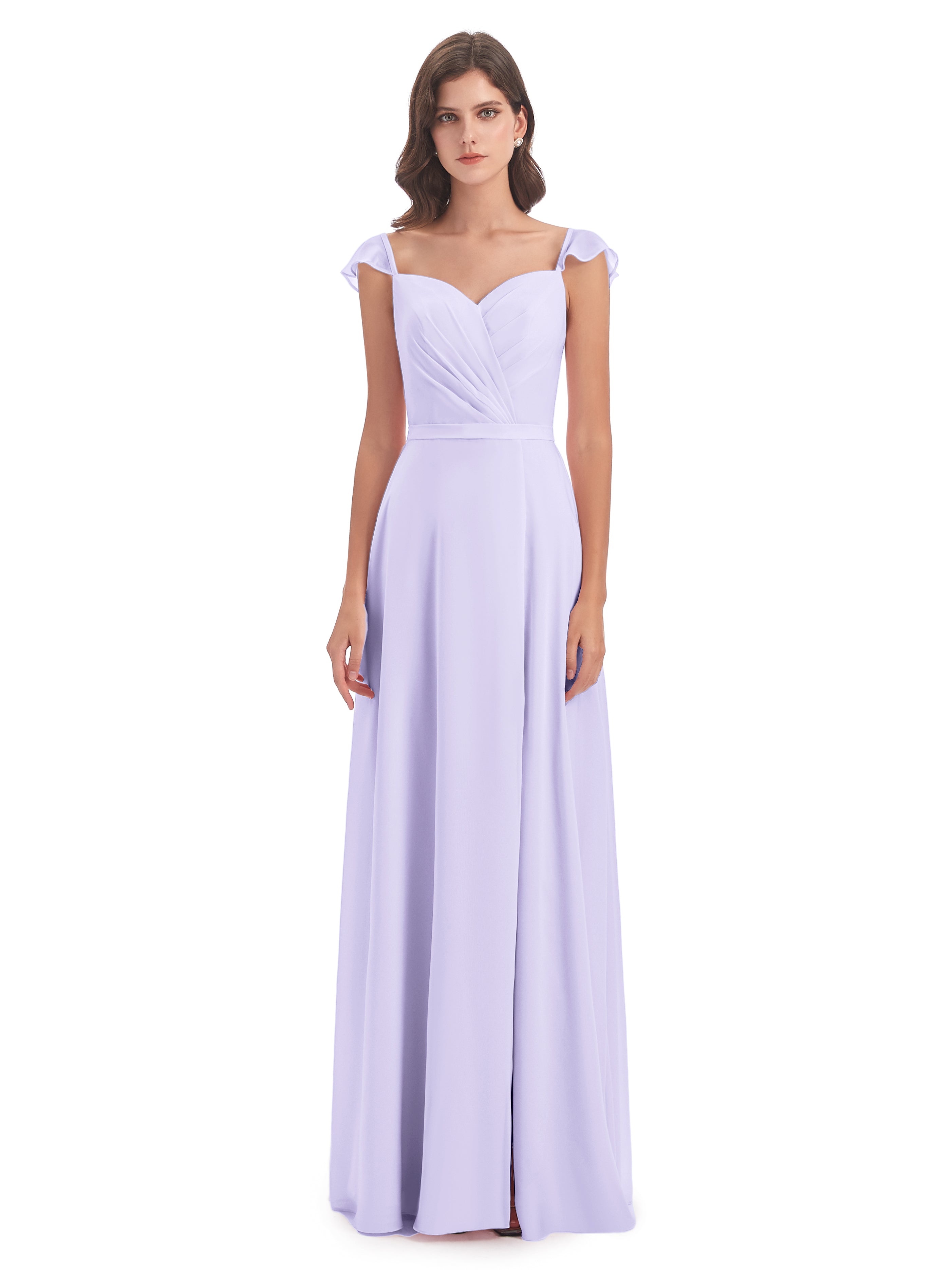 Robe Demoiselle D Honneur Lilas Fourreau/Colonne Mancherons Fendue Devant Robes Demoiselle D'Honneur