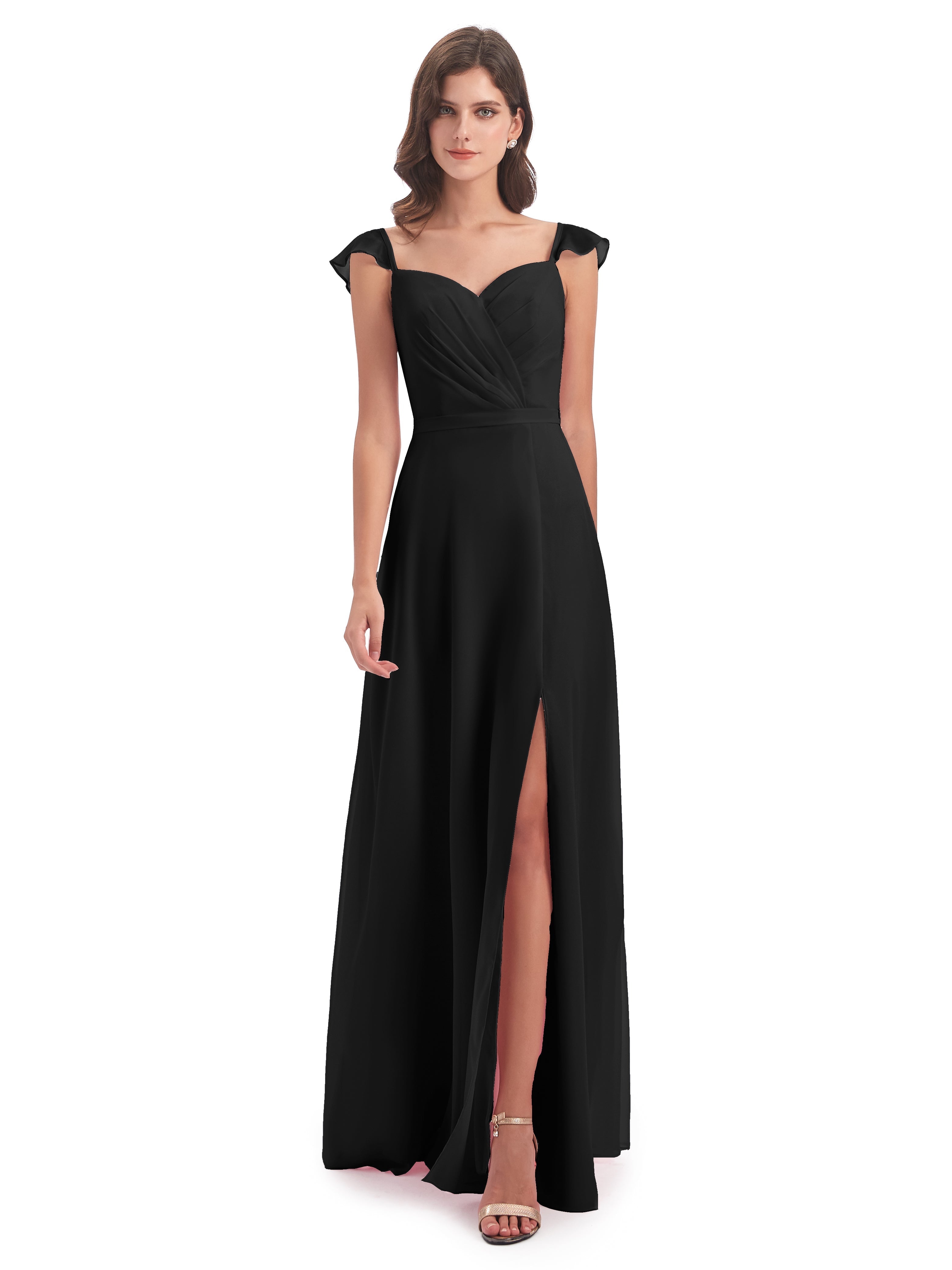 Demoiselle D Honneur Robe Noir Fourreau/Colonne Mancherons Fendue Devant Robes Demoiselle D'Honneur
