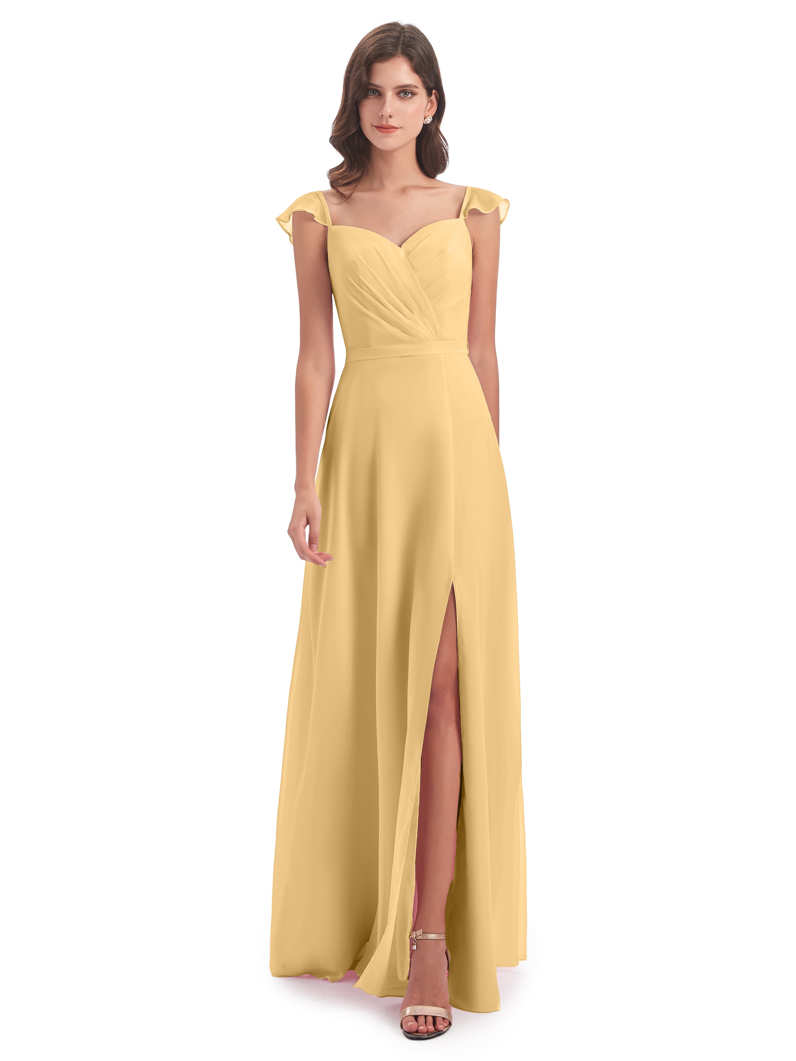 Robe Demoiselle D Honneur Dore Fourreau/Colonne Mancherons Fendue Devant Robes Demoiselle D'Honneur