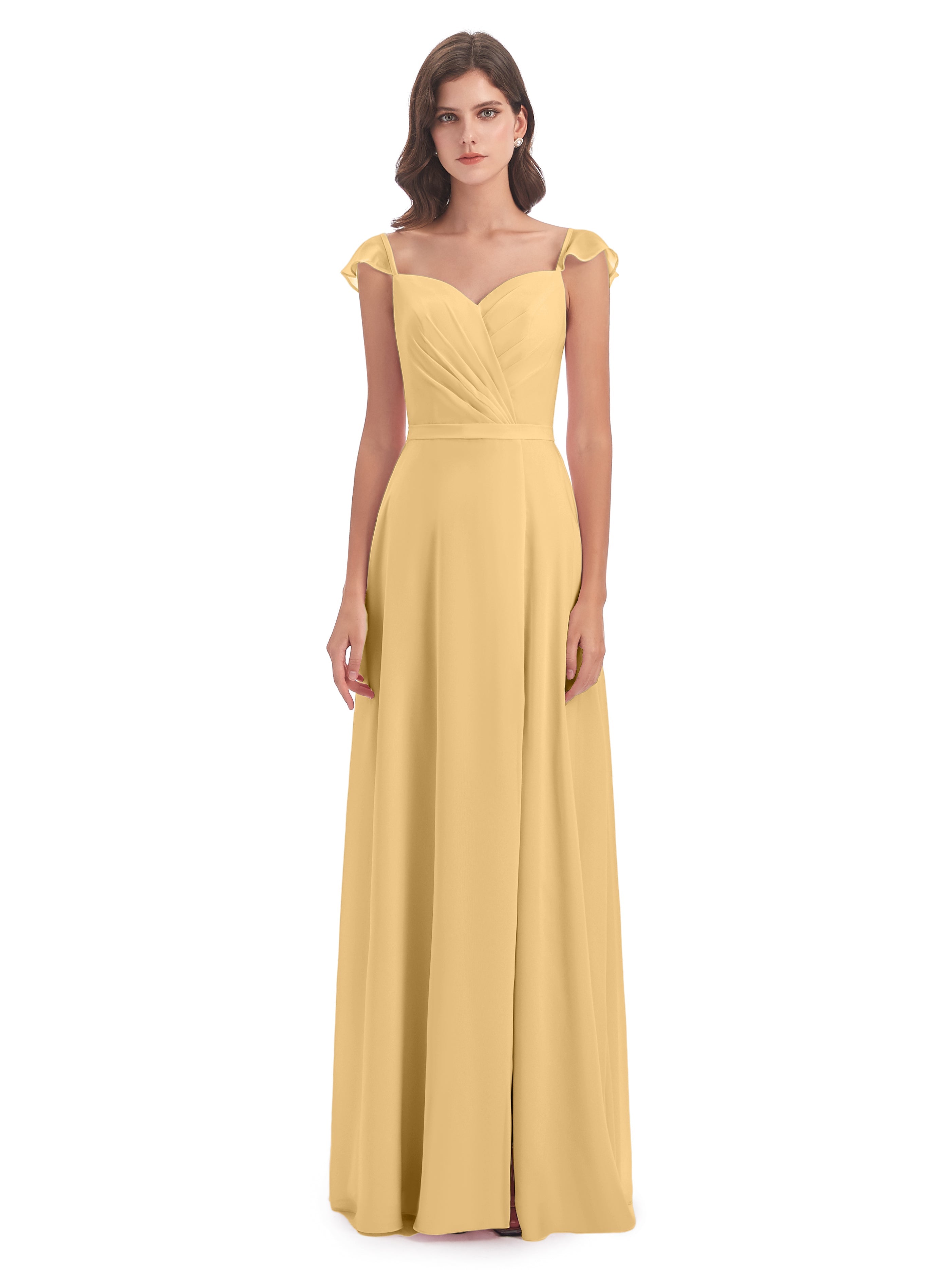 Robe Demoiselle D Honneur Dore Fourreau/Colonne Mancherons Fendue Devant Robes Demoiselle D'Honneur
