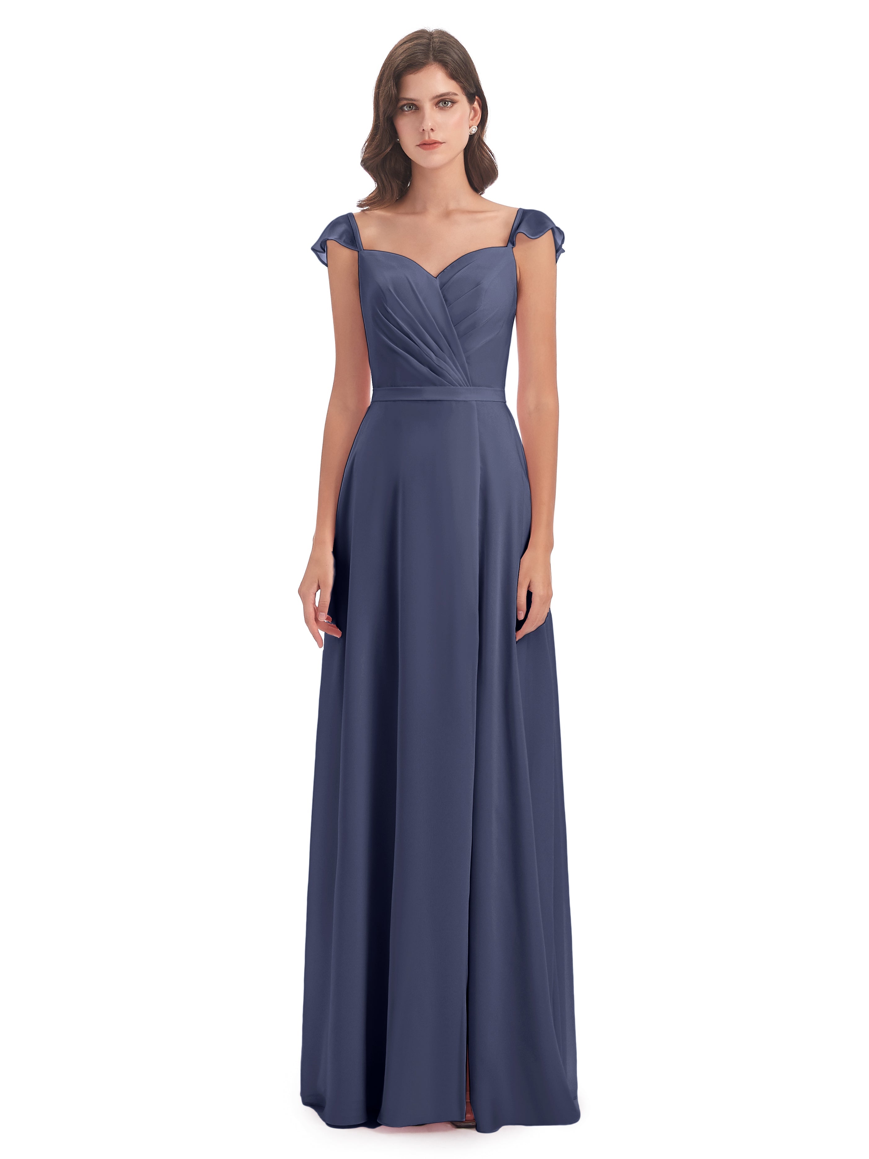 Robes De Demoiselle D'Honneur Bleu Orageux Fourreau/Colonne Mancherons Fendue Devant Robes Demoiselle D'Honneur