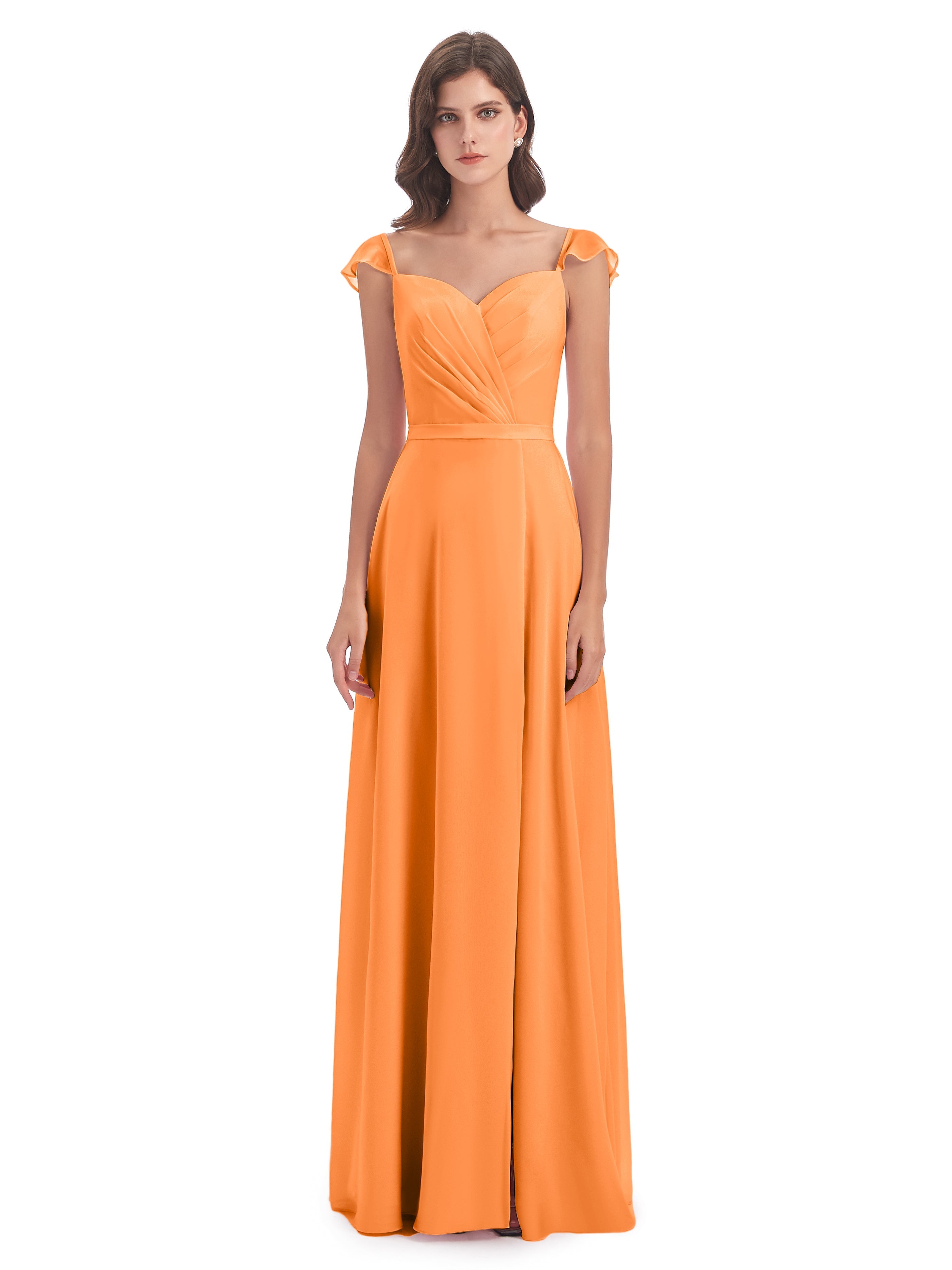 Robe Orange Demoiselle D Honneur Fourreau/Colonne Mancherons Fendue Devant Robes Demoiselle D'Honneur