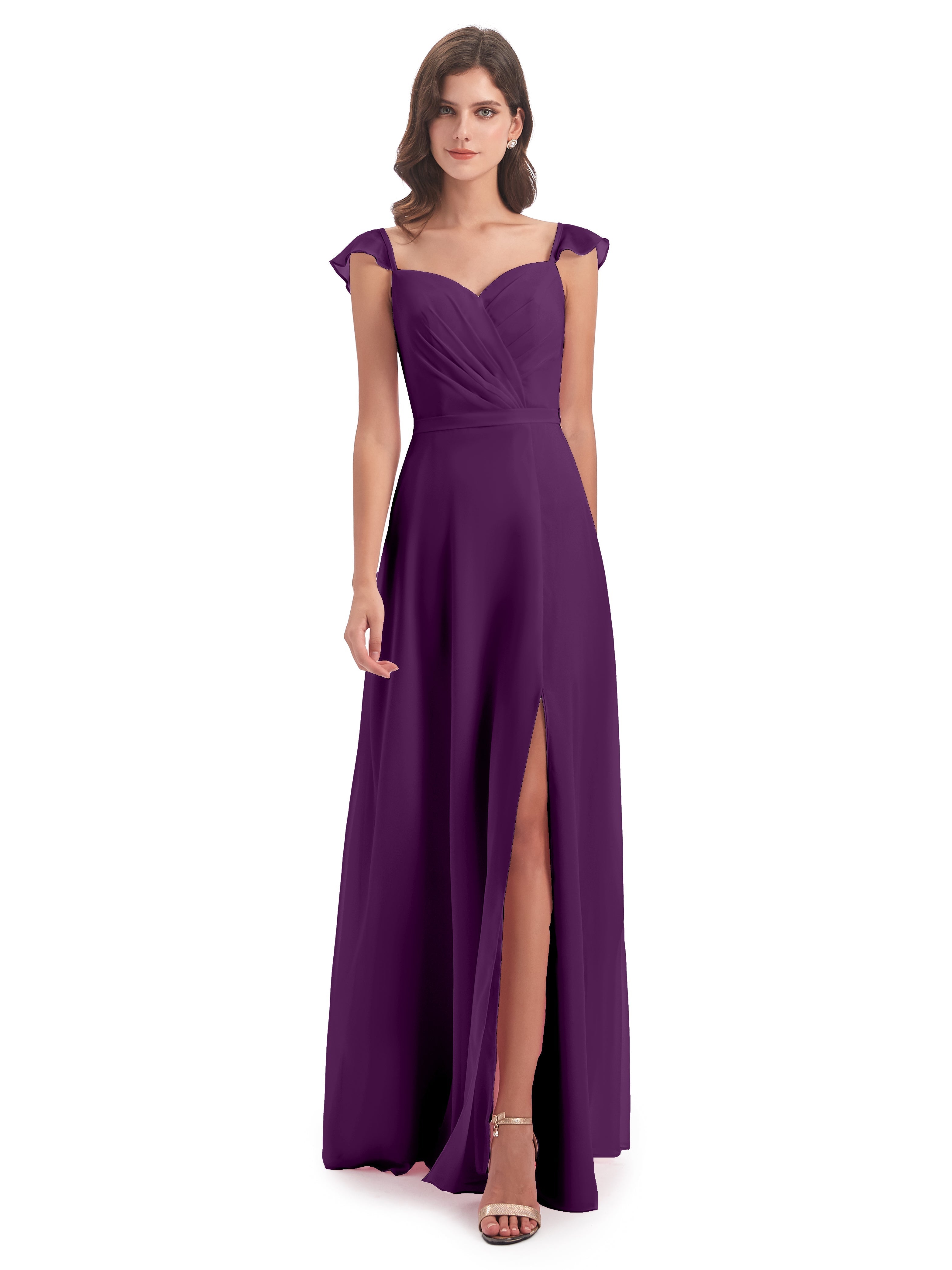 Robes De Demoiselle D'Honneur En Raisin Fourreau/Colonne Mancherons Fendue Devant Robes Demoiselle D'Honneur