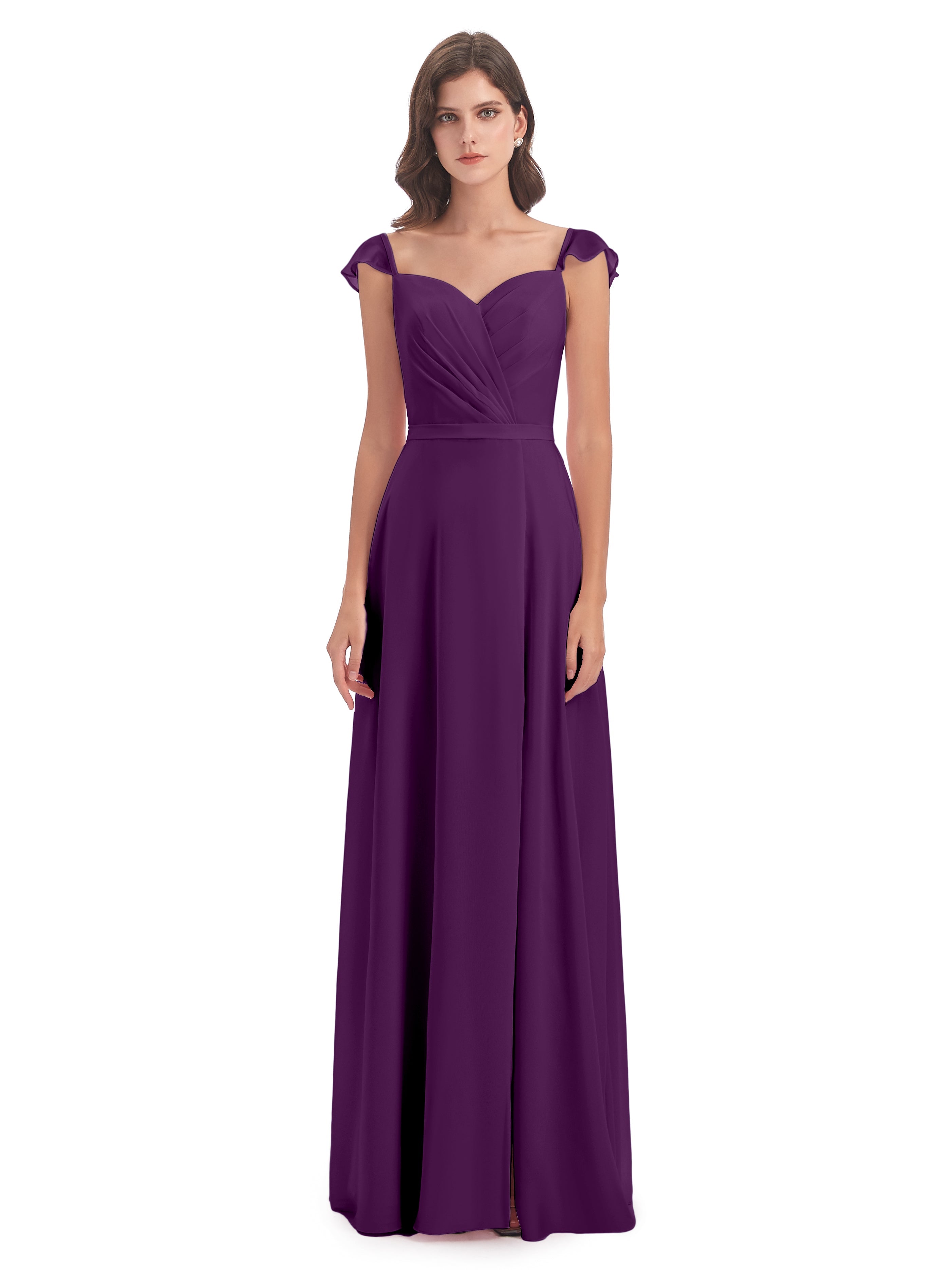 Robes De Demoiselle D'Honneur En Raisin Fourreau/Colonne Mancherons Fendue Devant Robes Demoiselle D'Honneur
