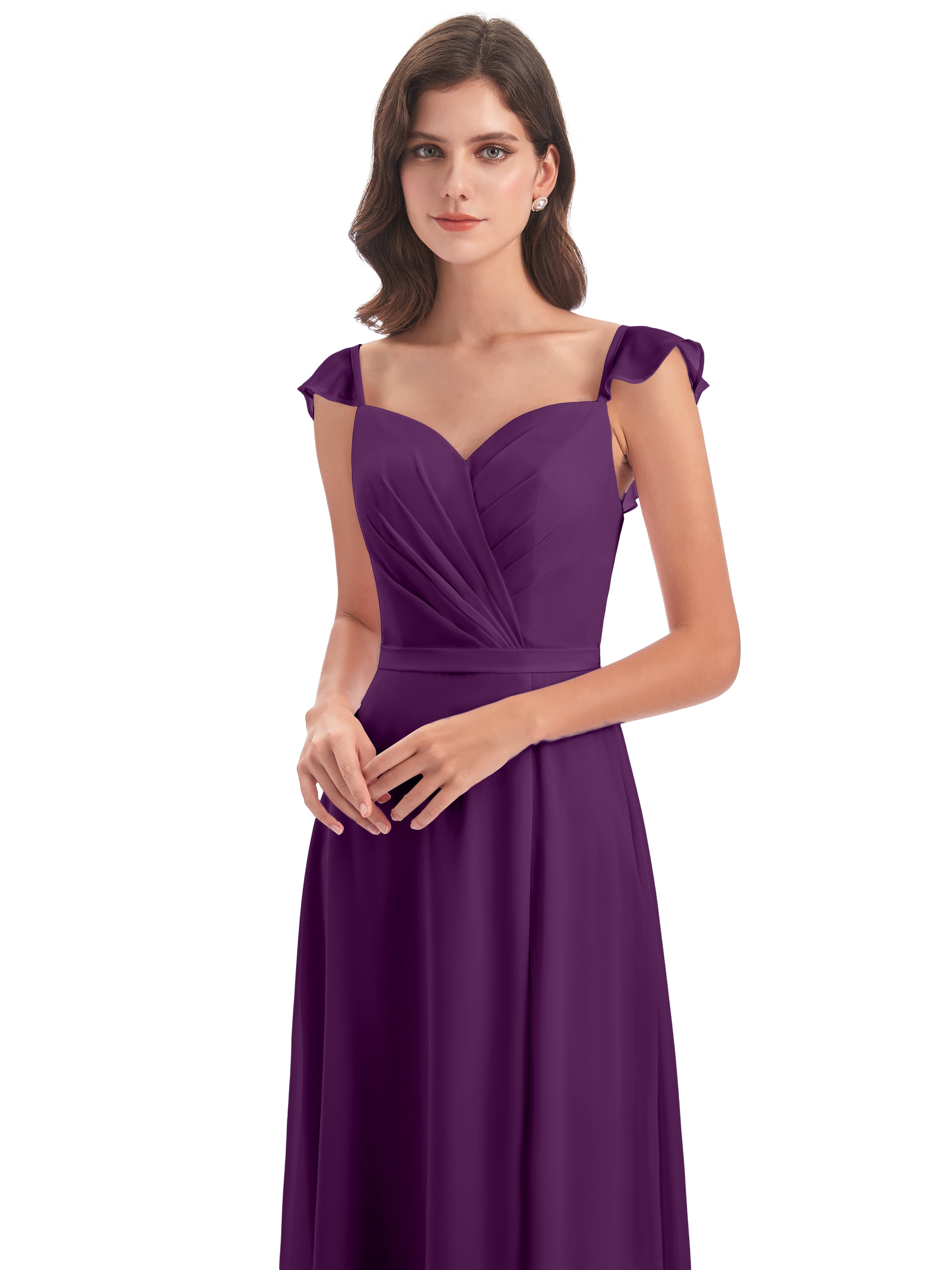 Robes De Demoiselle D'Honneur En Raisin Fourreau/Colonne Mancherons Fendue Devant Robes Demoiselle D'Honneur