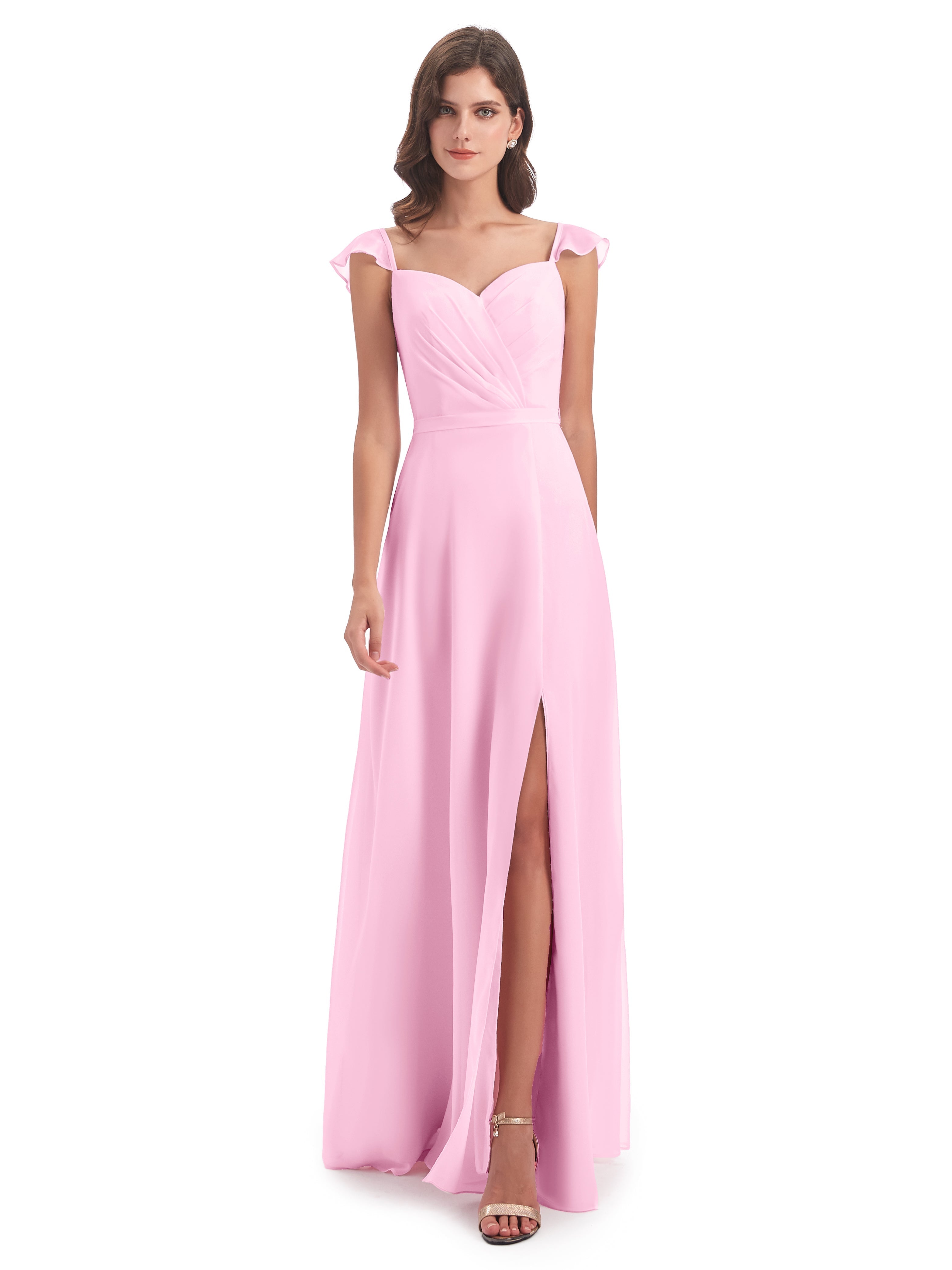 Robe Demoiselle D Honneur Rose Bonbon Fourreau/Colonne Mancherons Fendue Devant Robes Demoiselle D'Honneur