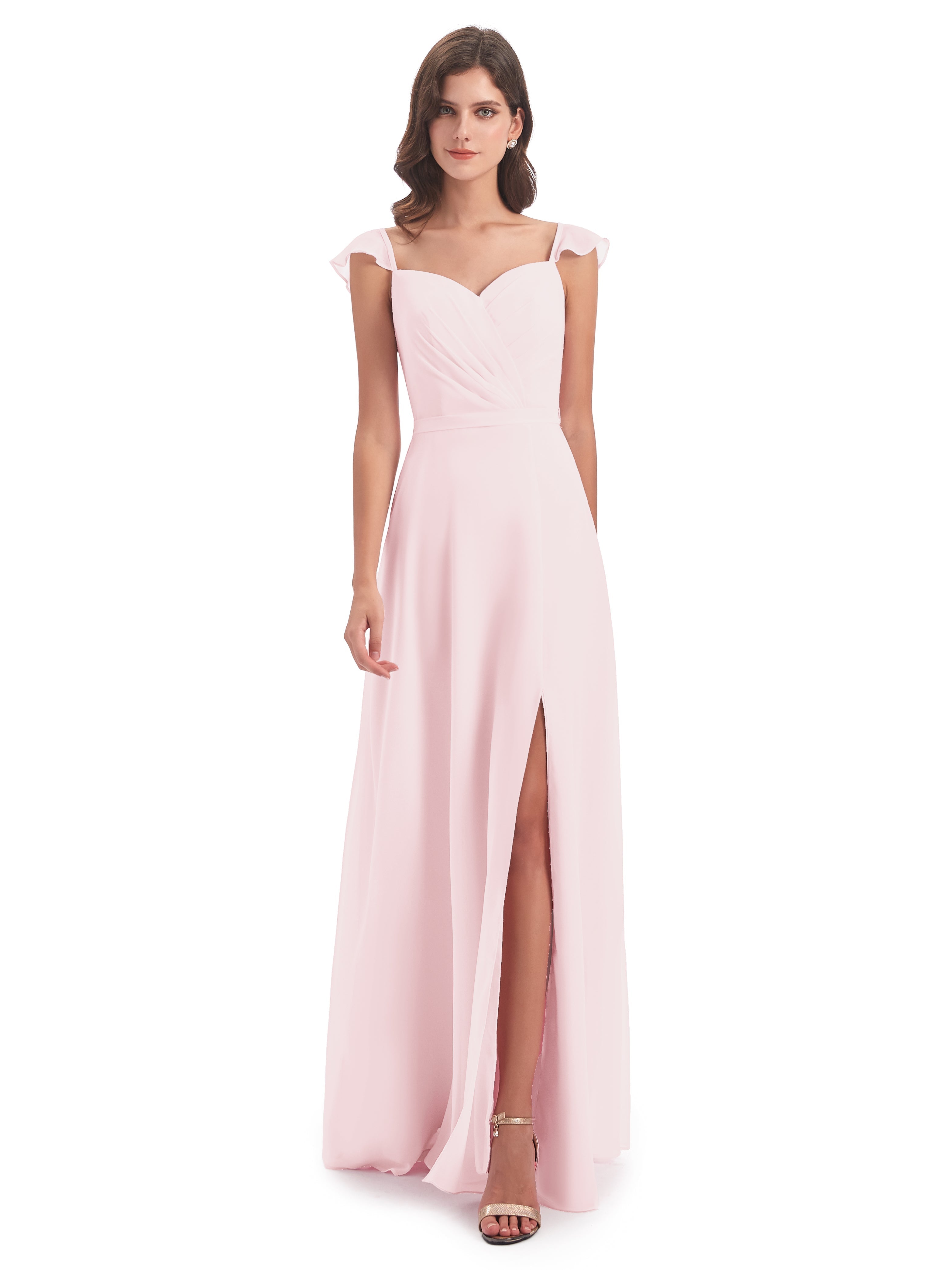 Rose Pale Robe Demoiselle D Honneur Fourreau/Colonne Mancherons Fendue Devant Robes Demoiselle D'Honneur