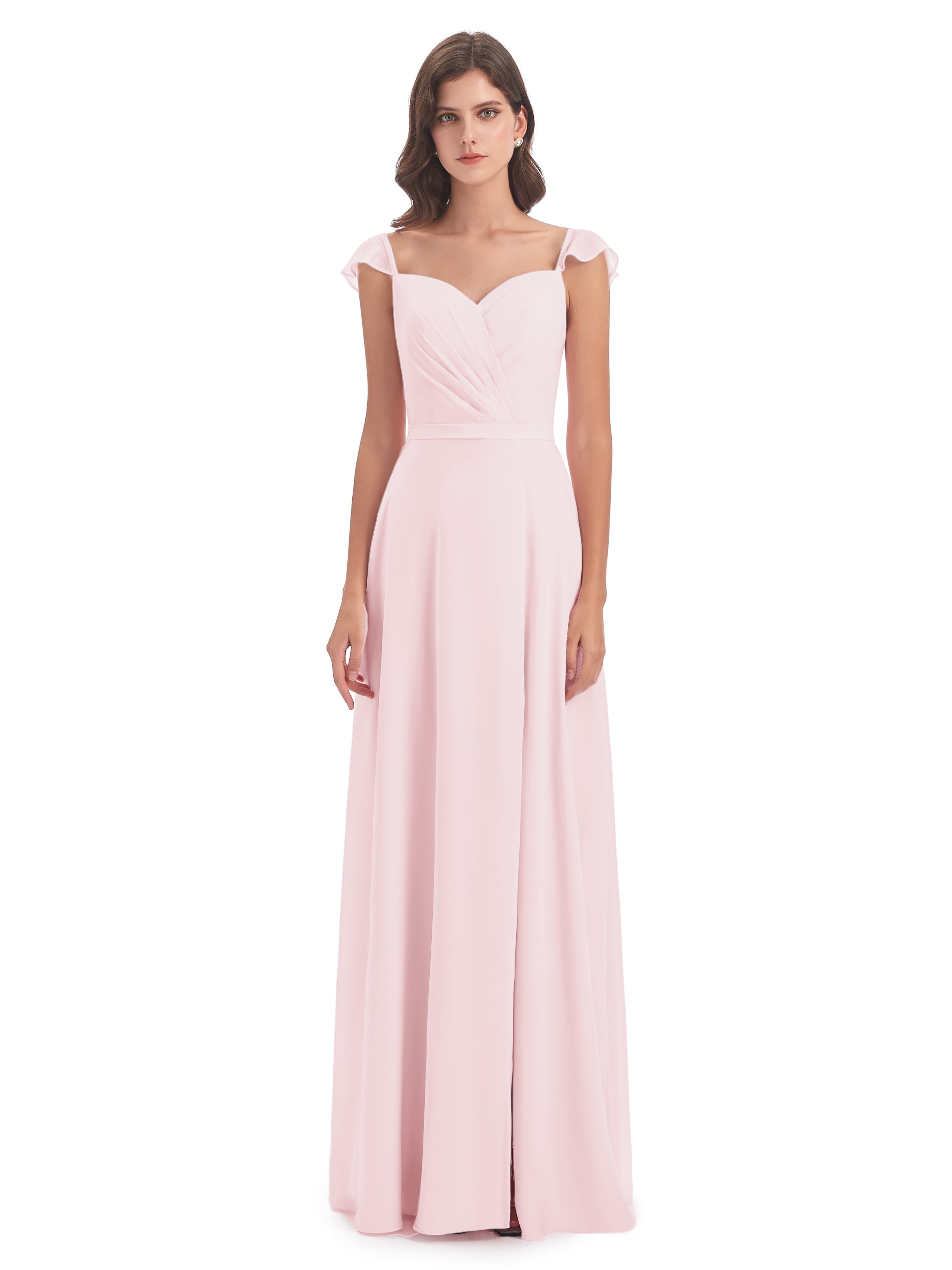 Rose Pale Robe Demoiselle D Honneur Fourreau/Colonne Mancherons Fendue Devant Robes Demoiselle D'Honneur