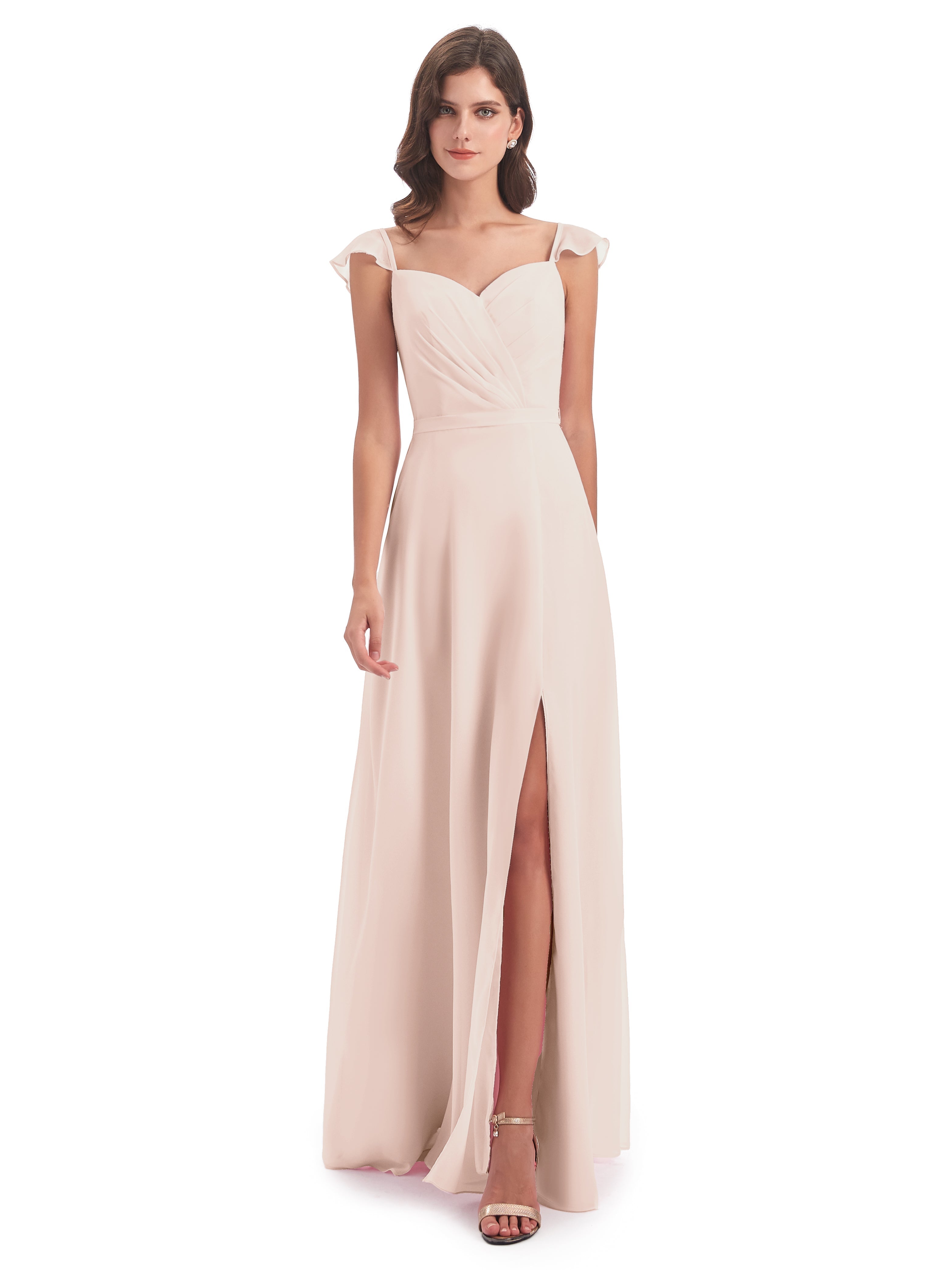 Robe Demoiselle D Honneur Rose Perle Fourreau/Colonne Mancherons Fendue Devant Robes Demoiselle D'Honneur