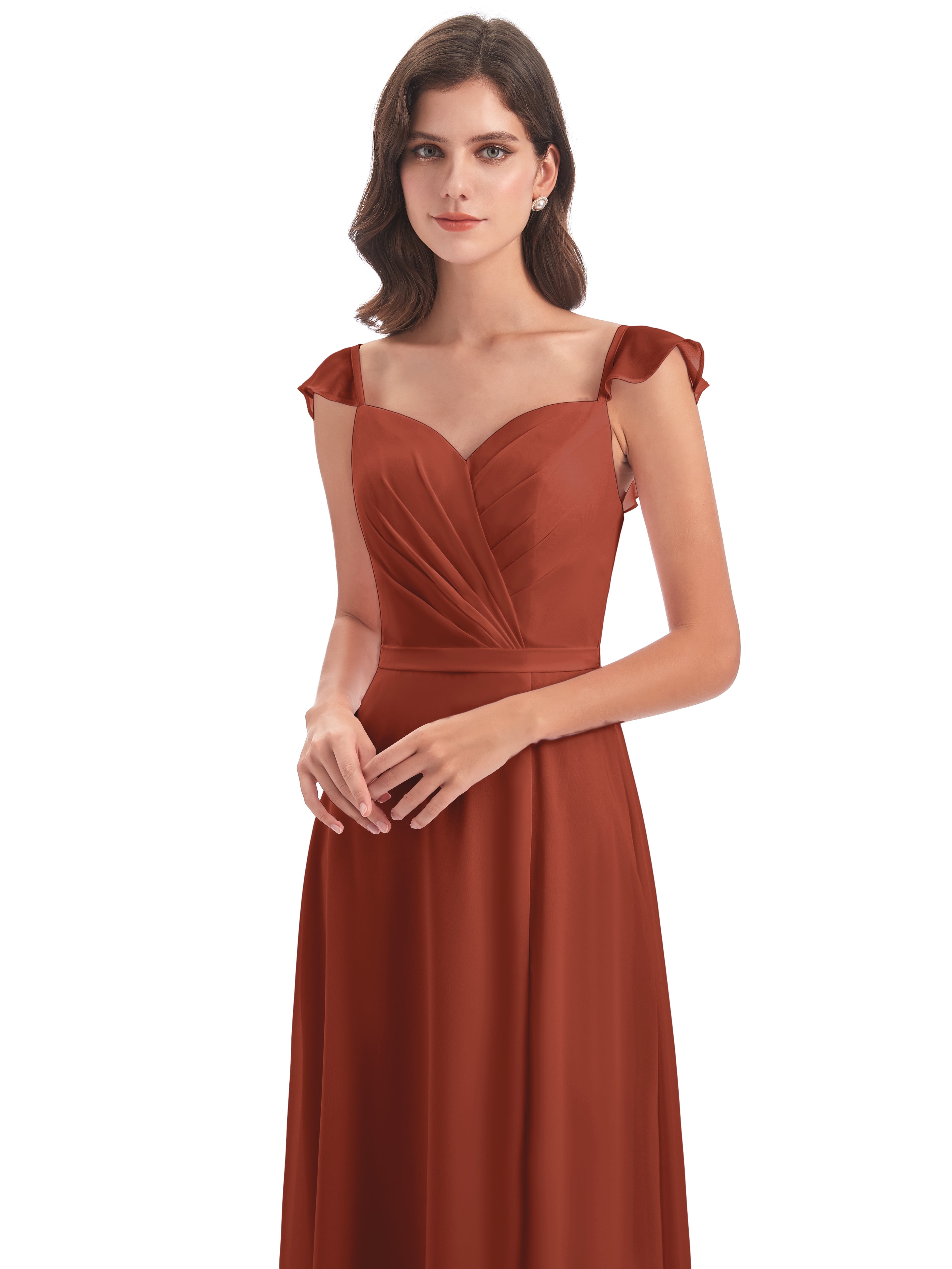 Robe Rouille Demoiselle D Honneur Fourreau/Colonne Mancherons Fendue Devant Robes Demoiselle D'Honneur
