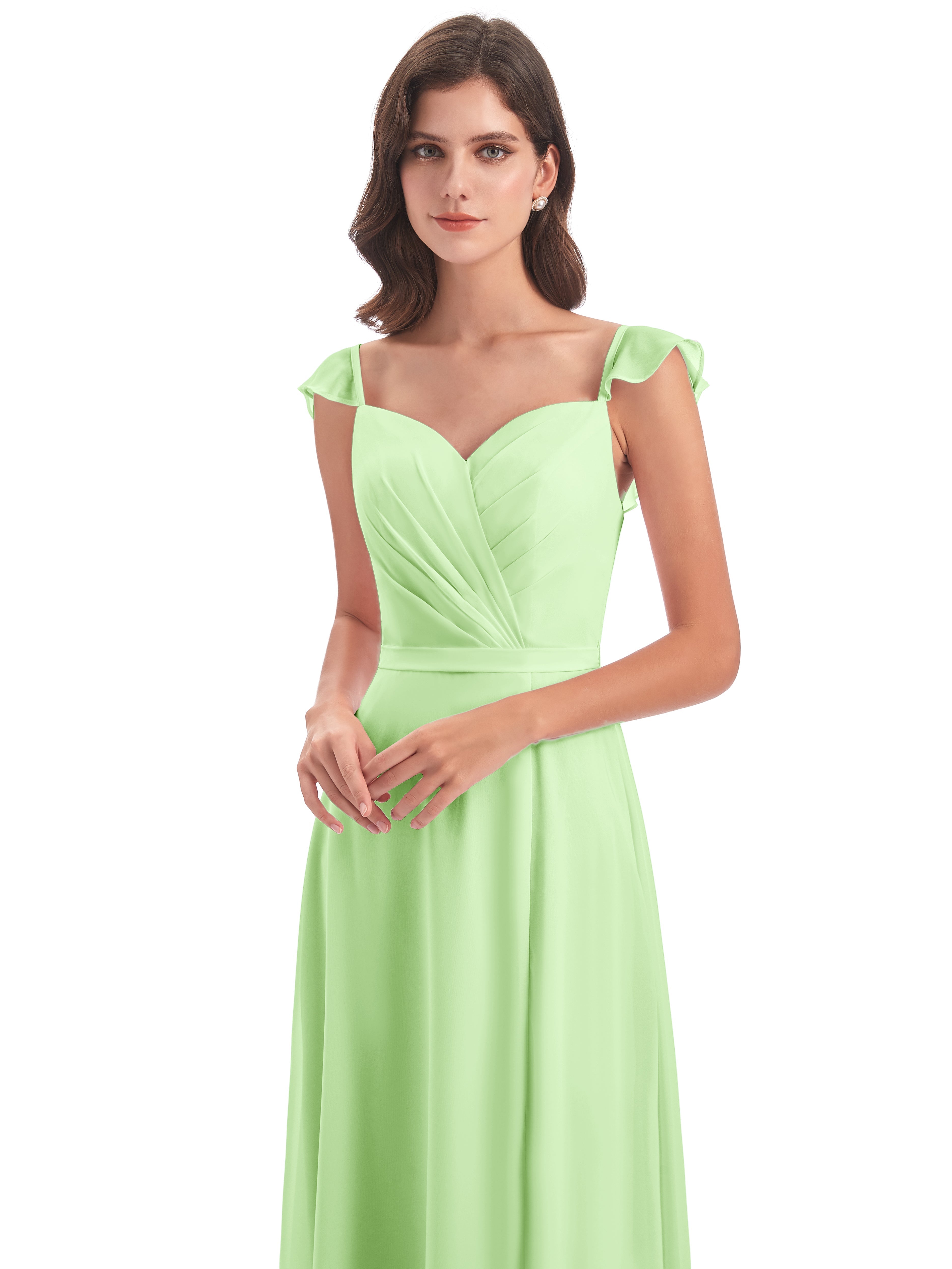 Demoiselle D Honneur Vert Sauge Fourreau/Colonne Mancherons Fendue Devant Robes Demoiselle D'Honneur