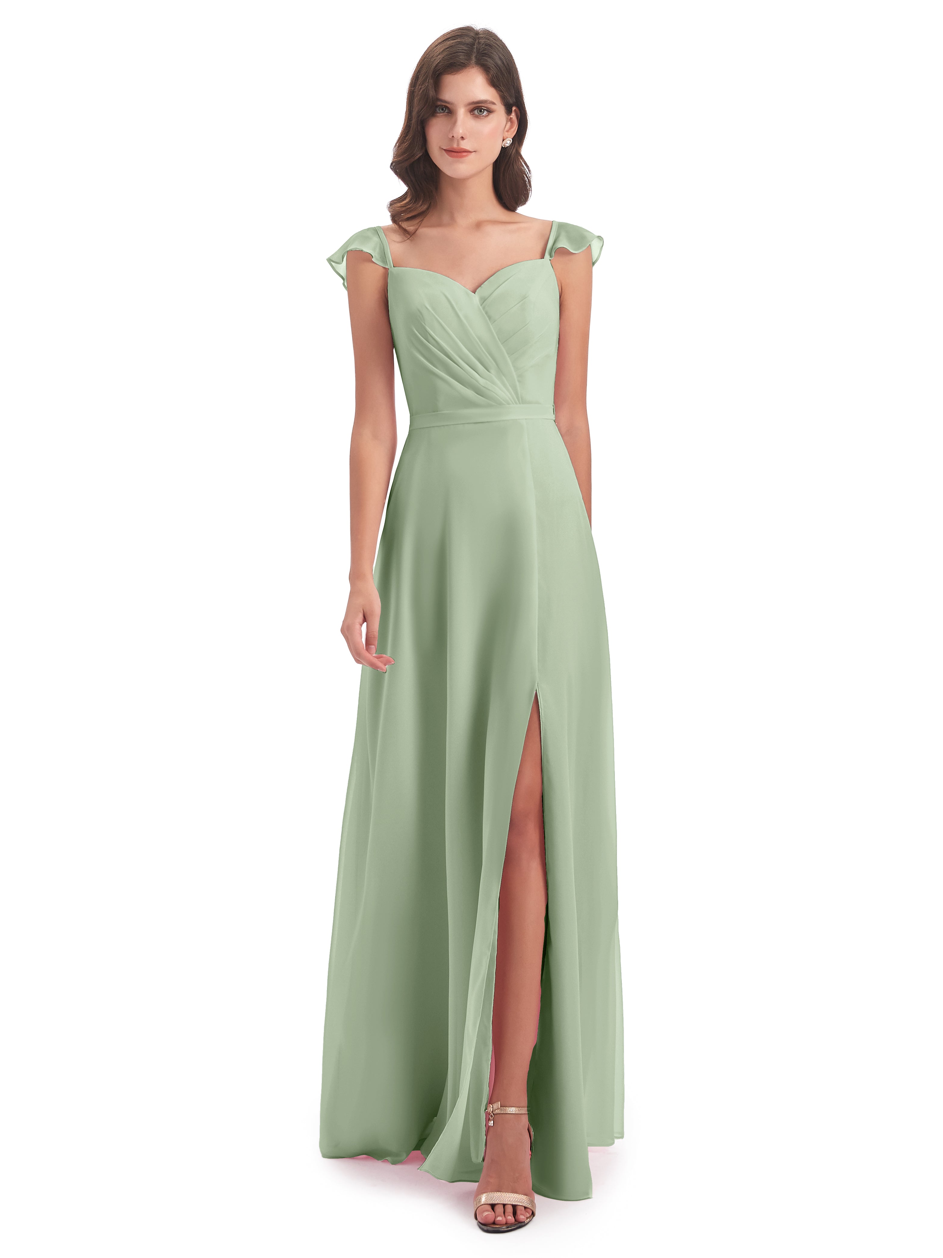 Robe Demoiselle D Honneur Sauge Poudré Fourreau/Colonne Mancherons Fendue Devant Robes Demoiselle D'Honneur