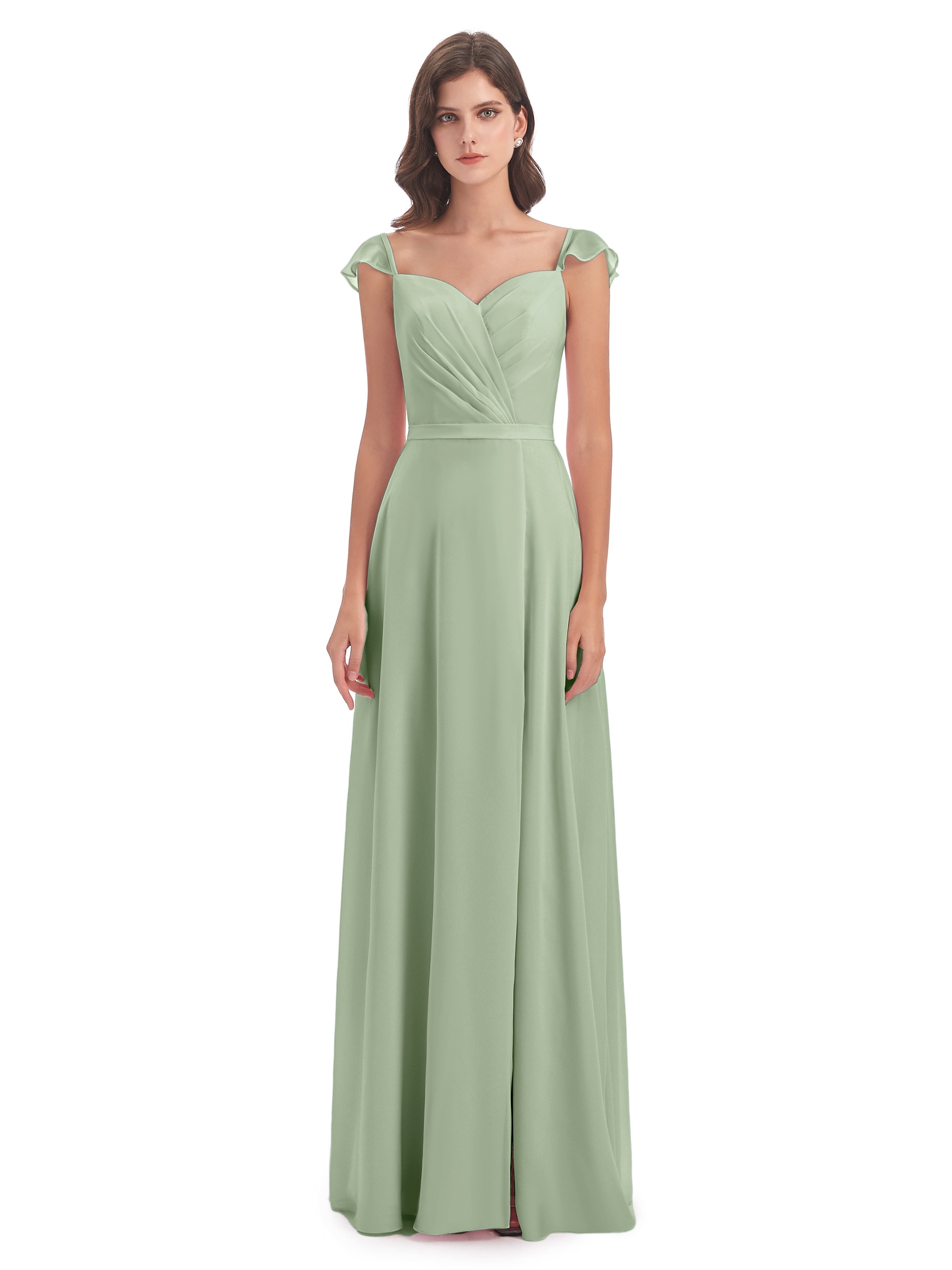 Robe Demoiselle D Honneur Sauge Poudré Fourreau/Colonne Mancherons Fendue Devant Robes Demoiselle D'Honneur