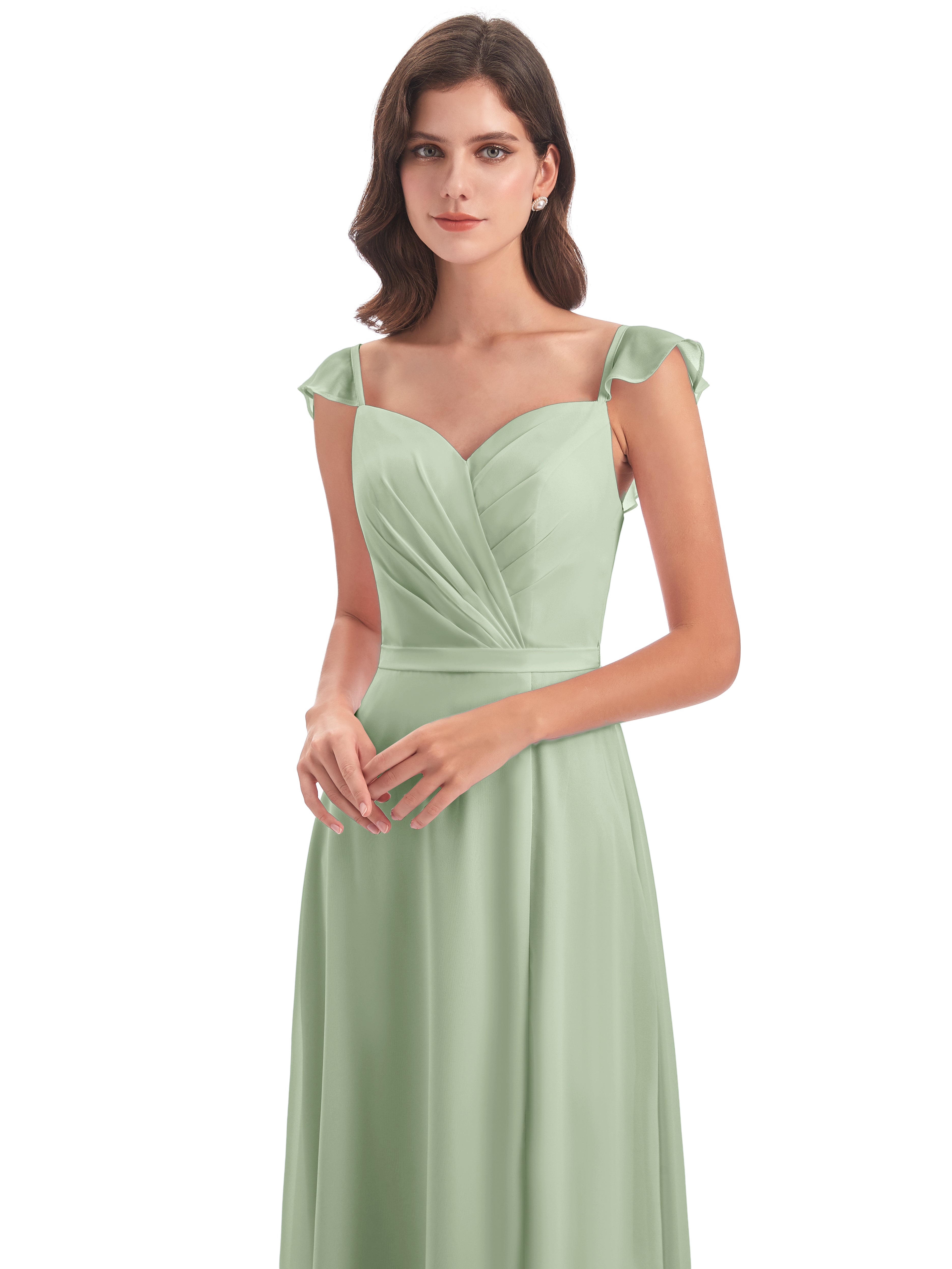 Robe Demoiselle D Honneur Sauge Poudré Fourreau/Colonne Mancherons Fendue Devant Robes Demoiselle D'Honneur