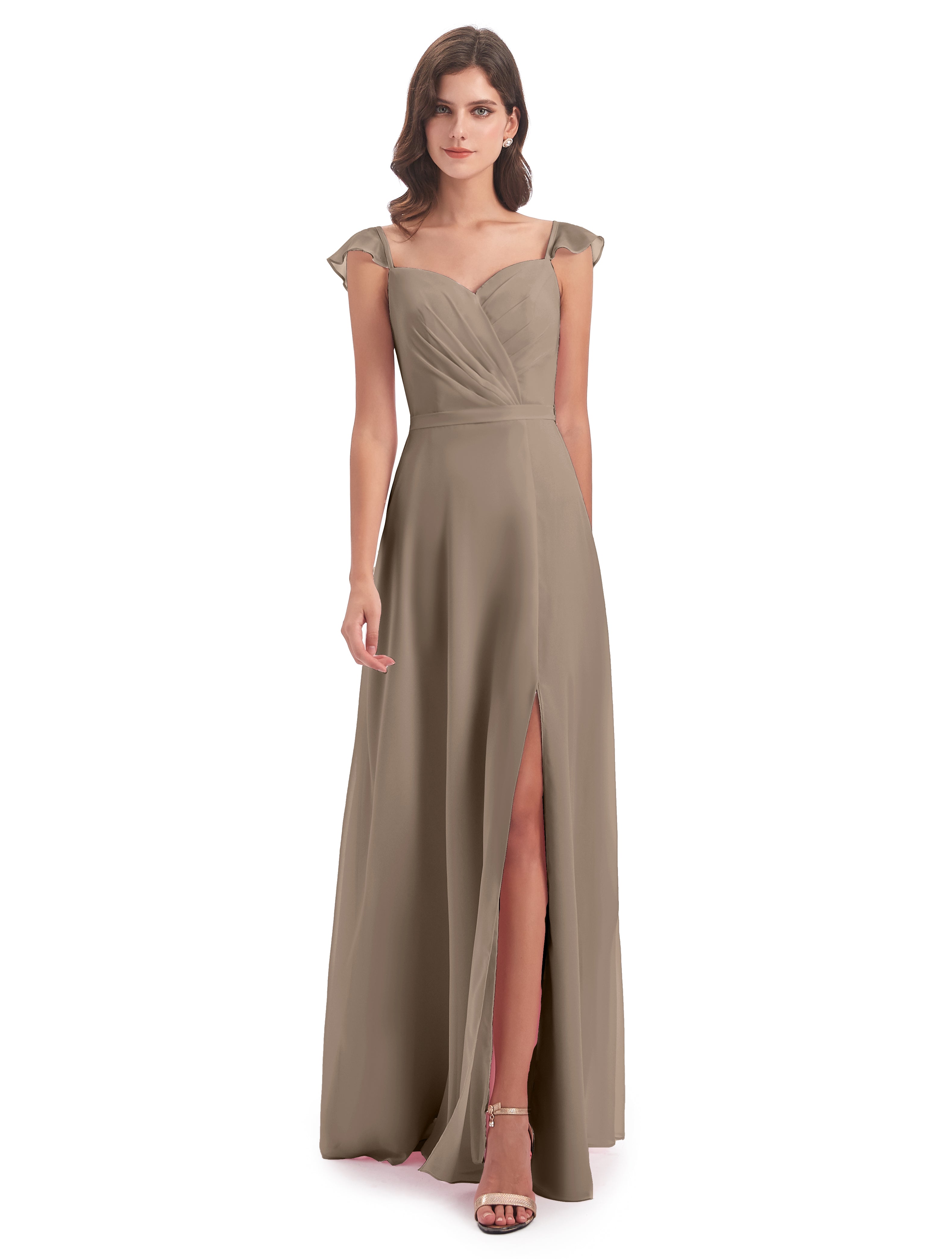 Couleur Taupe Robe Fourreau/Colonne Mancherons Fendue Devant Robes Demoiselle D'Honneur