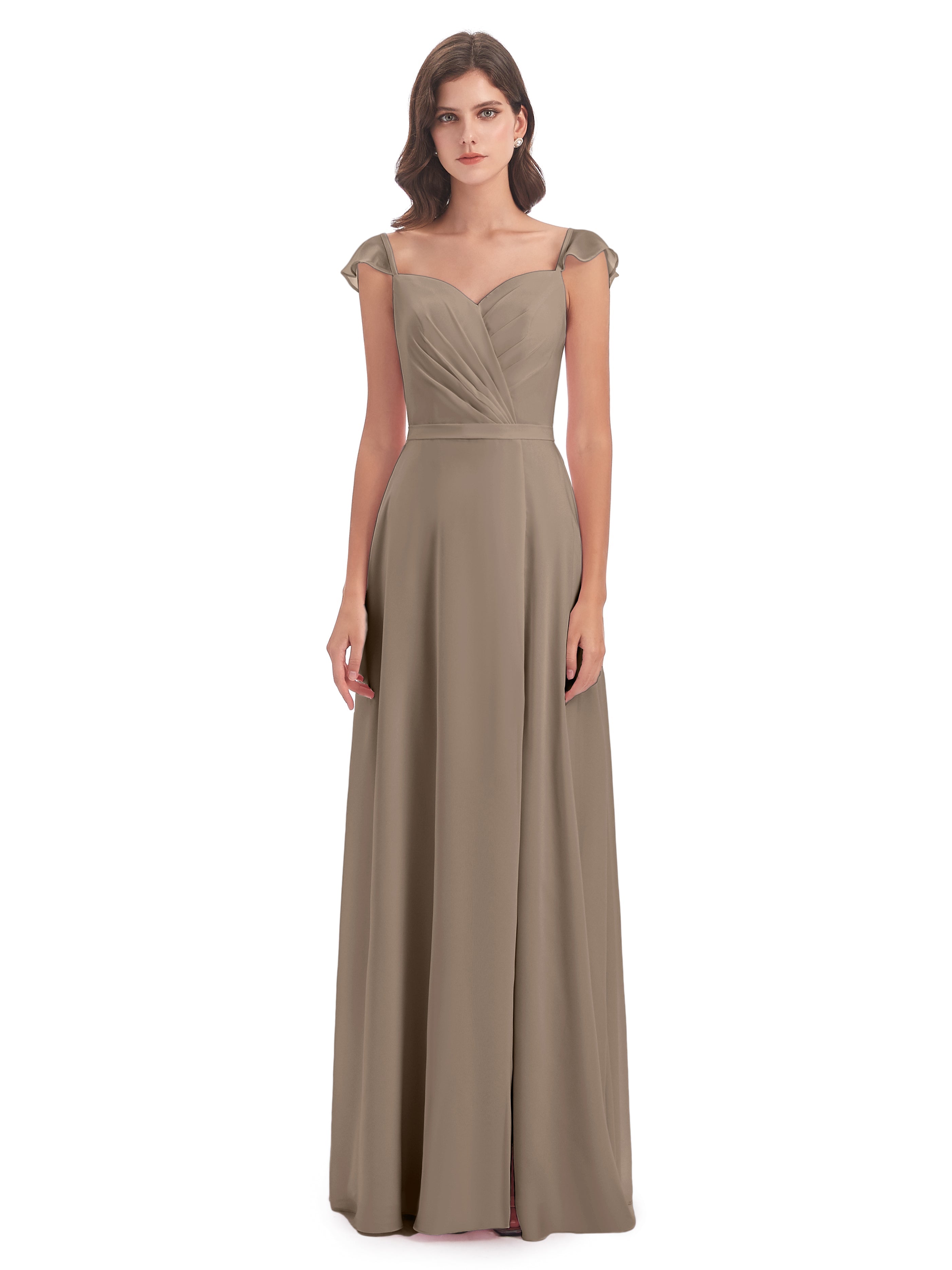 Couleur Taupe Robe Fourreau/Colonne Mancherons Fendue Devant Robes Demoiselle D'Honneur
