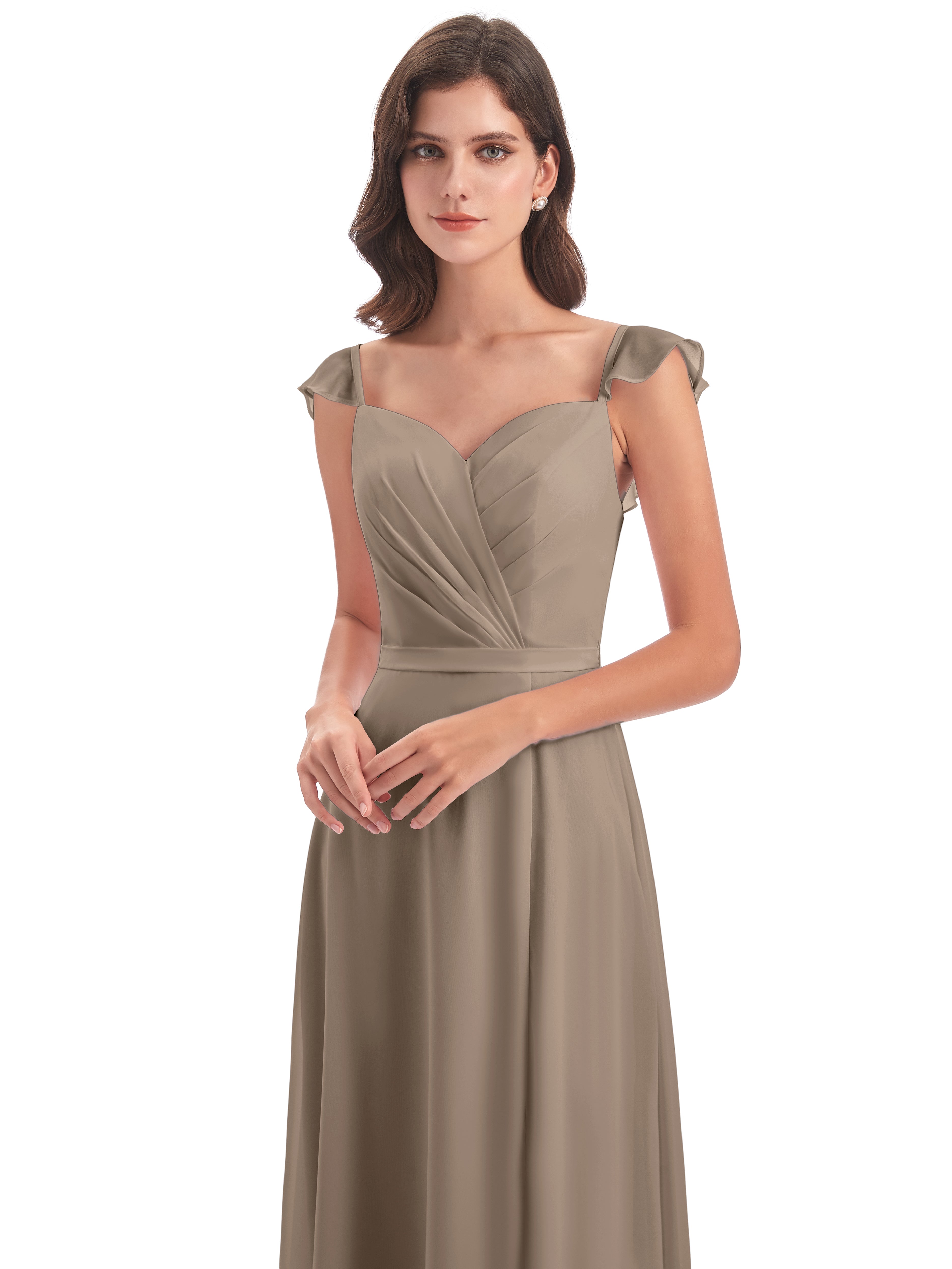 Couleur Taupe Robe Fourreau/Colonne Mancherons Fendue Devant Robes Demoiselle D'Honneur