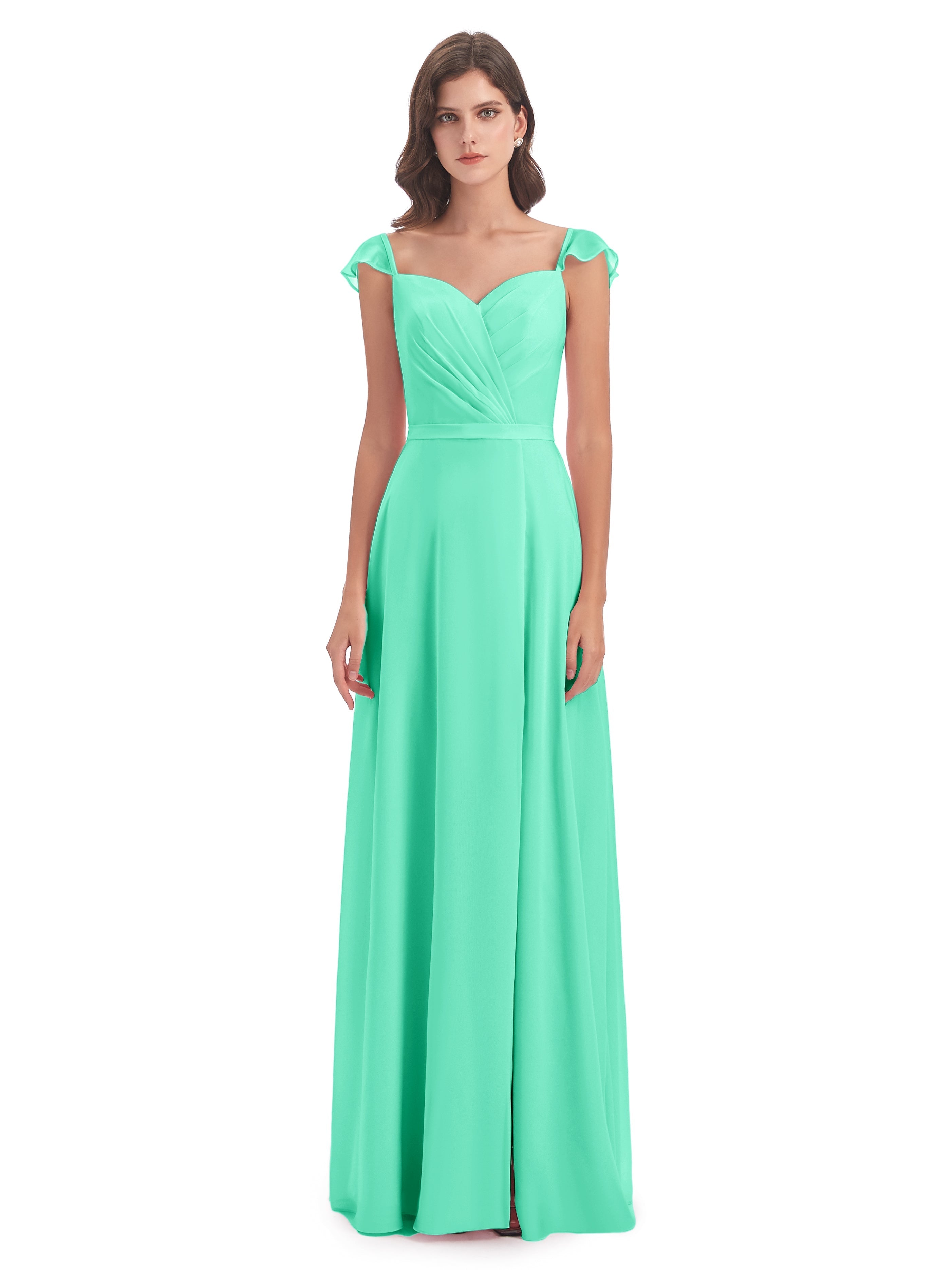 Robes De Demoiselle D'Honneur Turquoise Fourreau/Colonne Mancherons Fendue Devant Robes Demoiselle D'Honneur
