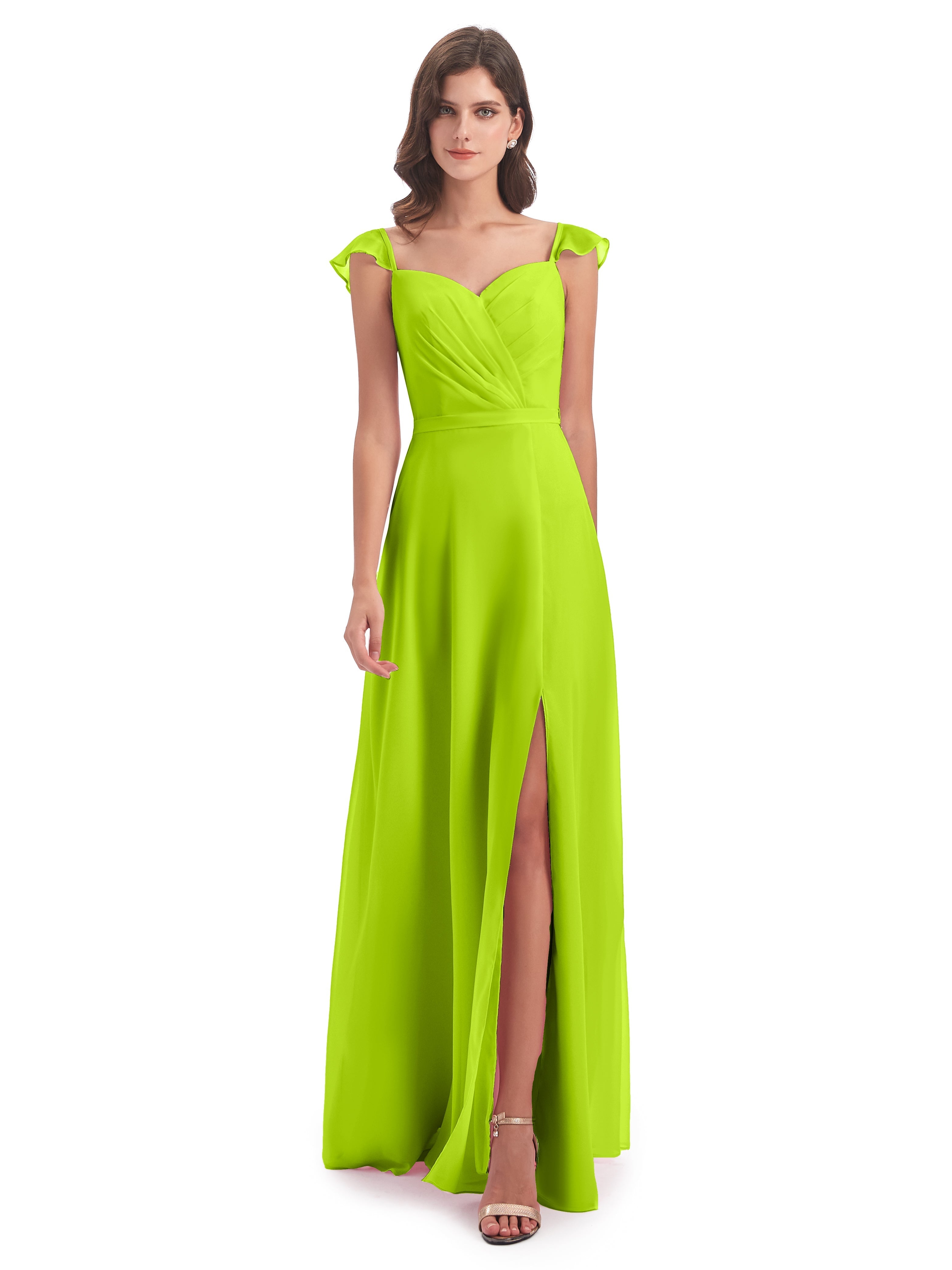 Robes De Demoiselle D'Honneur Vert Citron Fourreau/Colonne Mancherons Fendue Devant Robes Demoiselle D'Honneur