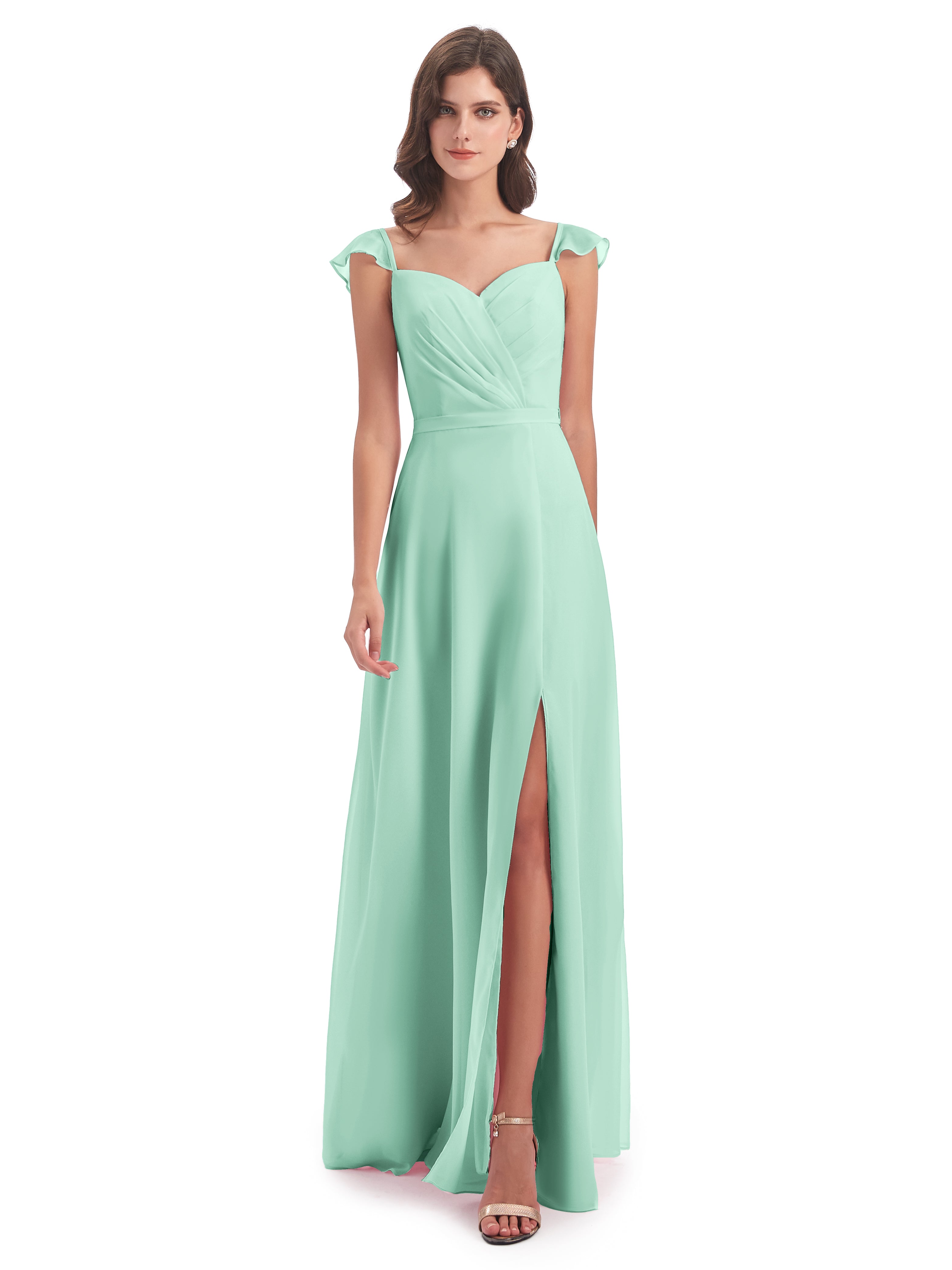 Robe Demoiselle D Honneur Menthe Fourreau/Colonne Mancherons Fendue Devant Robes Demoiselle D'Honneur