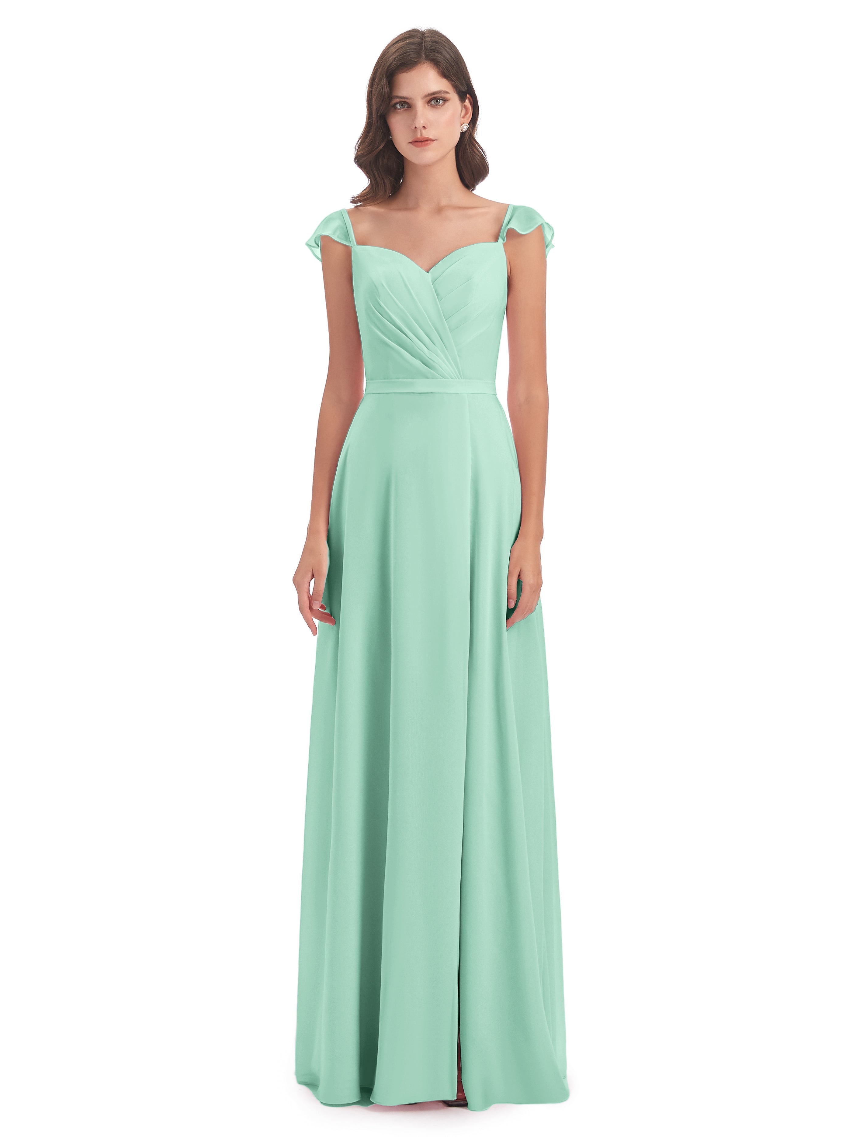 Robe Demoiselle D Honneur Menthe Fourreau/Colonne Mancherons Fendue Devant Robes Demoiselle D'Honneur