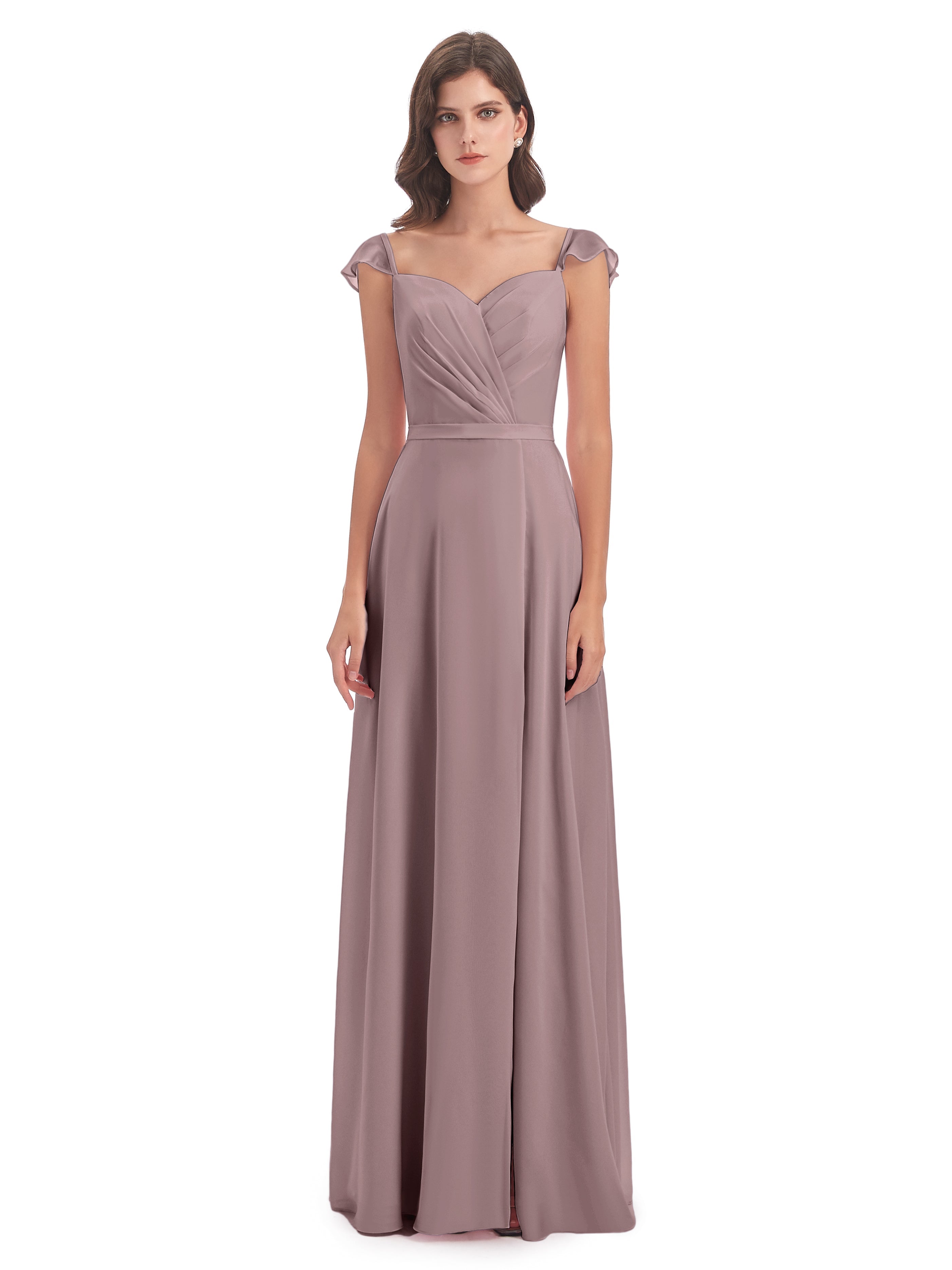 Robes De Demoiselle D'Honneur Mauve Foncé Fourreau/Colonne Mancherons Fendue Devant Robes Demoiselle D'Honneur