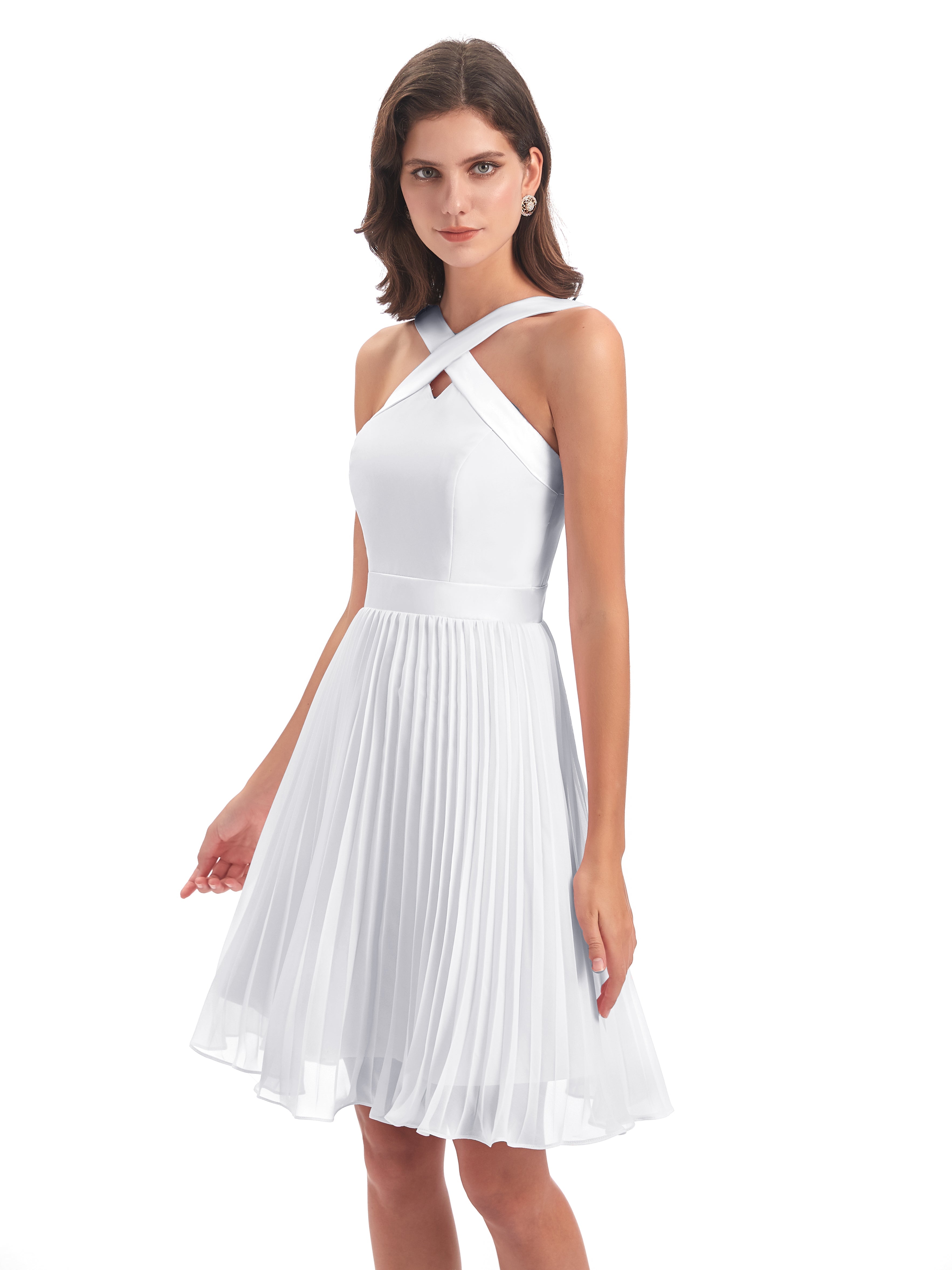 Robe Demoiselle D Honneur Courte Blanche Longueur Genou Plis Bretelles Robes Demoiselle D'Honneur