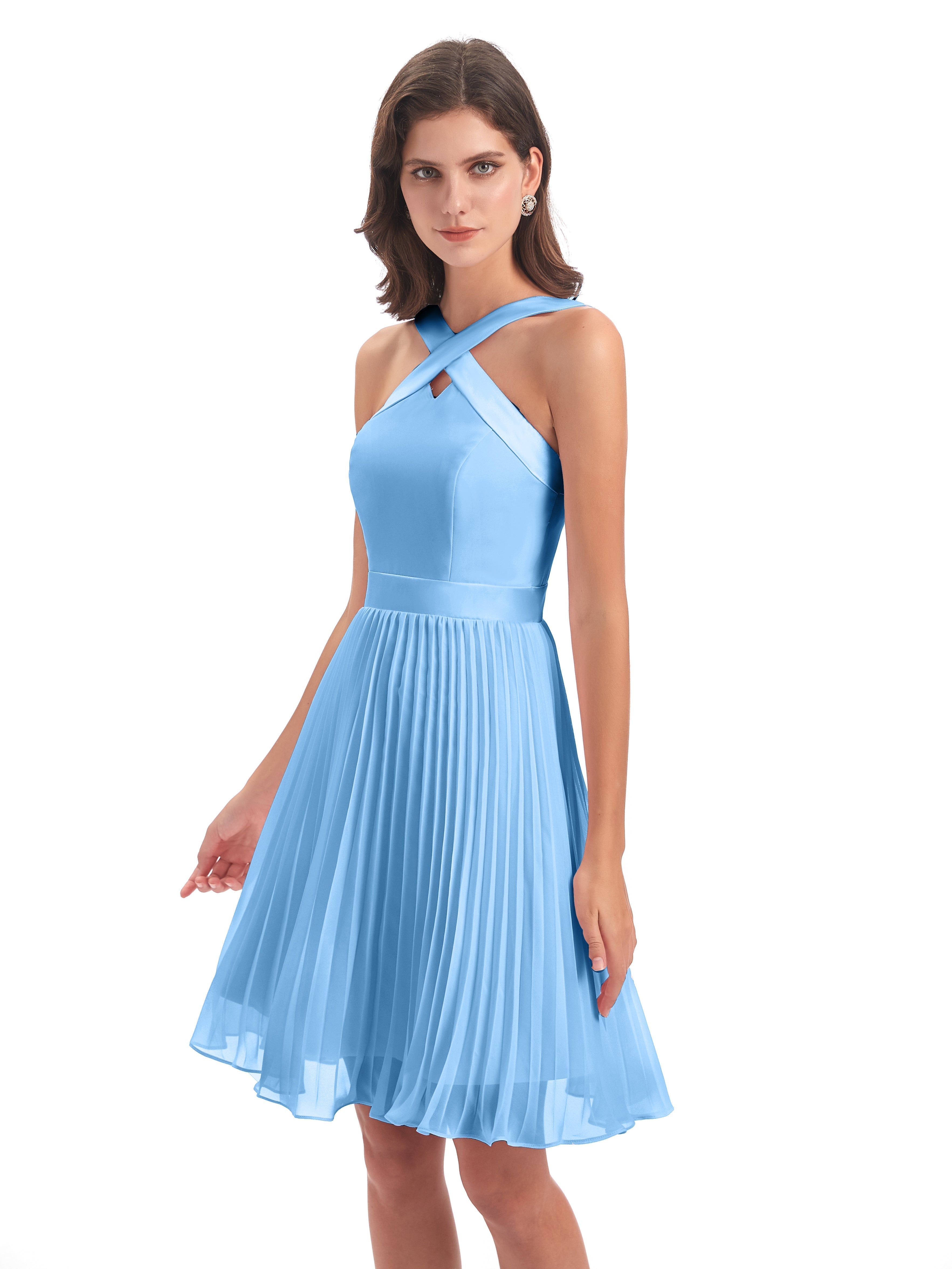 Robe Demoiselle D Honneur Courte Bleu Longueur Genou Plis Bretelles Robes Demoiselle D'Honneur