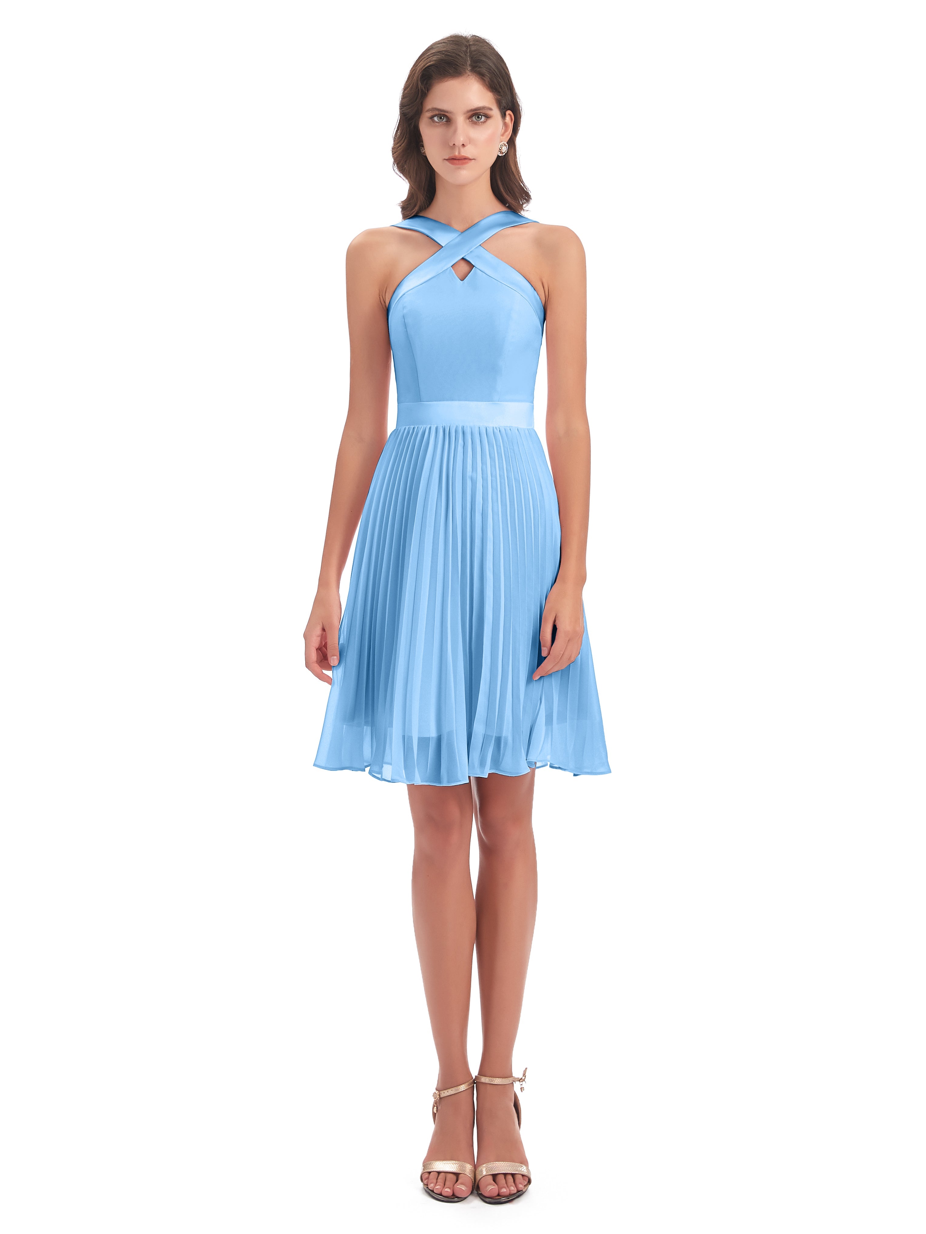 Robe Demoiselle D Honneur Courte Bleu Longueur Genou Plis Bretelles Robes Demoiselle D'Honneur