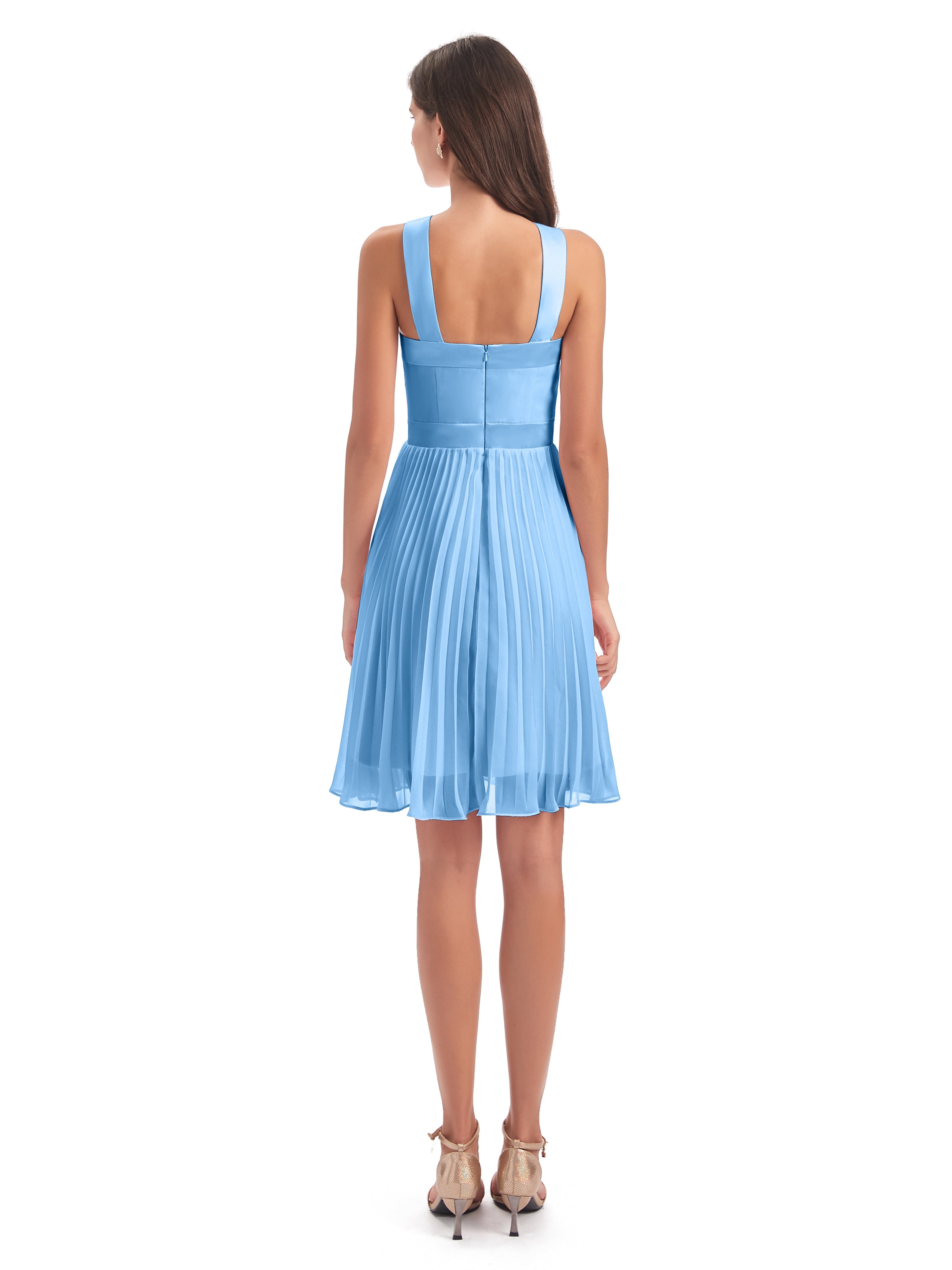 Robe Demoiselle D Honneur Courte Bleu Longueur Genou Plis Bretelles Robes Demoiselle D'Honneur