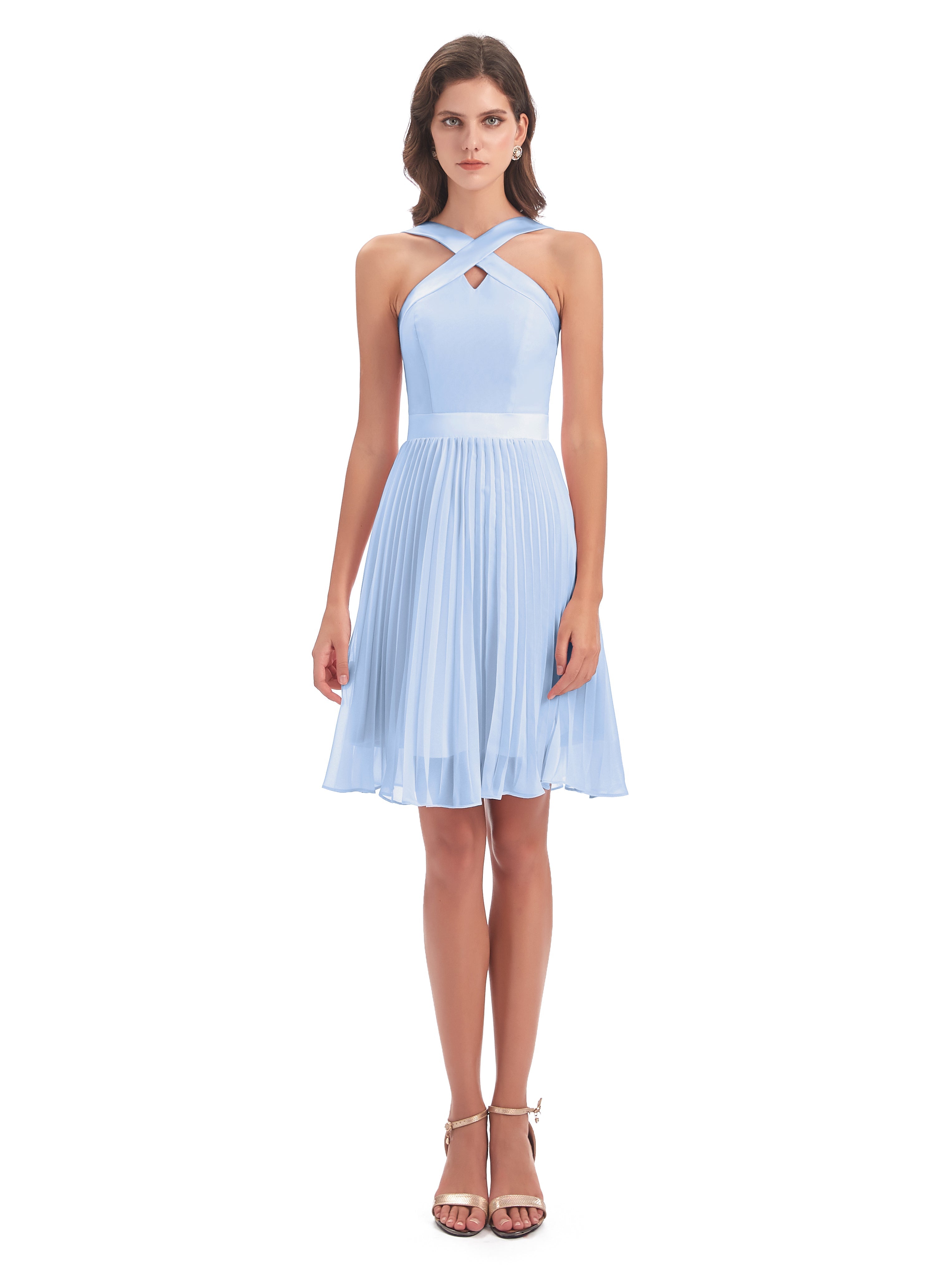 Robes De Demoiselle D'Honneur Bleu Ciel Longueur Genou Plis Bretelles Robes Demoiselle D'Honneur