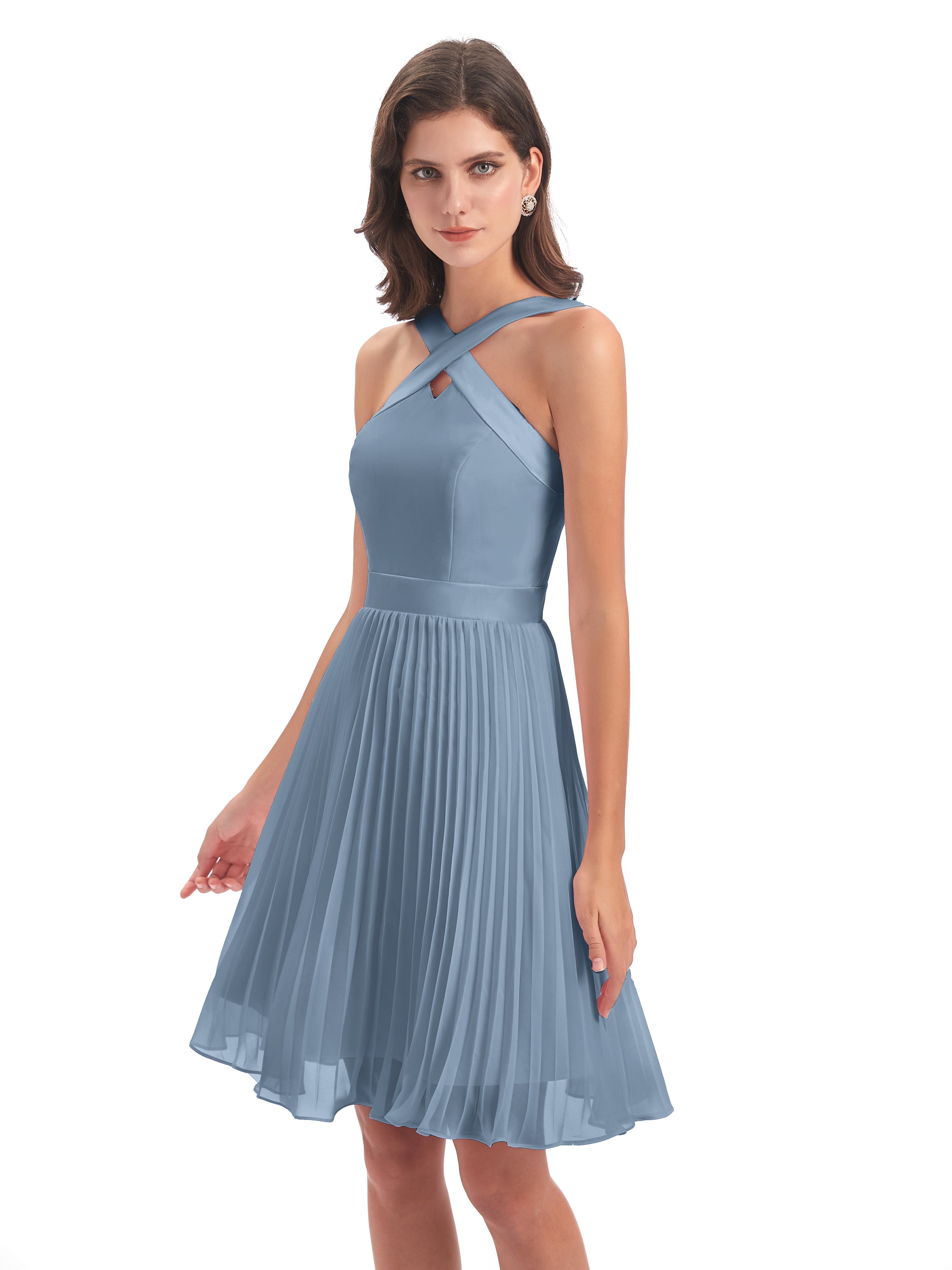 Robes De Demoiselle D'Honneur Bleu De Schiste Longueur Genou Plis Bretelles Robes Demoiselle D'Honneur