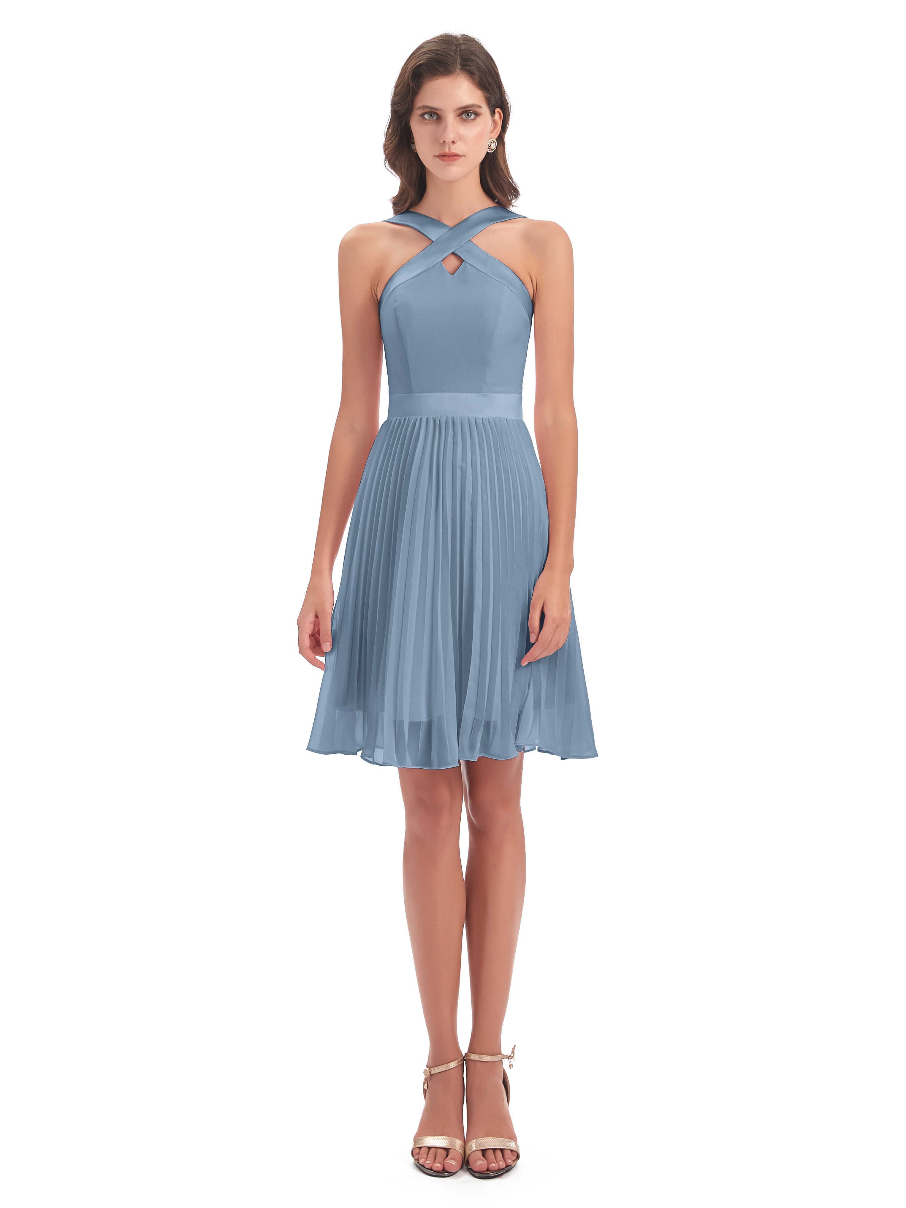 Robes De Demoiselle D'Honneur Bleu De Schiste Longueur Genou Plis Bretelles Robes Demoiselle D'Honneur