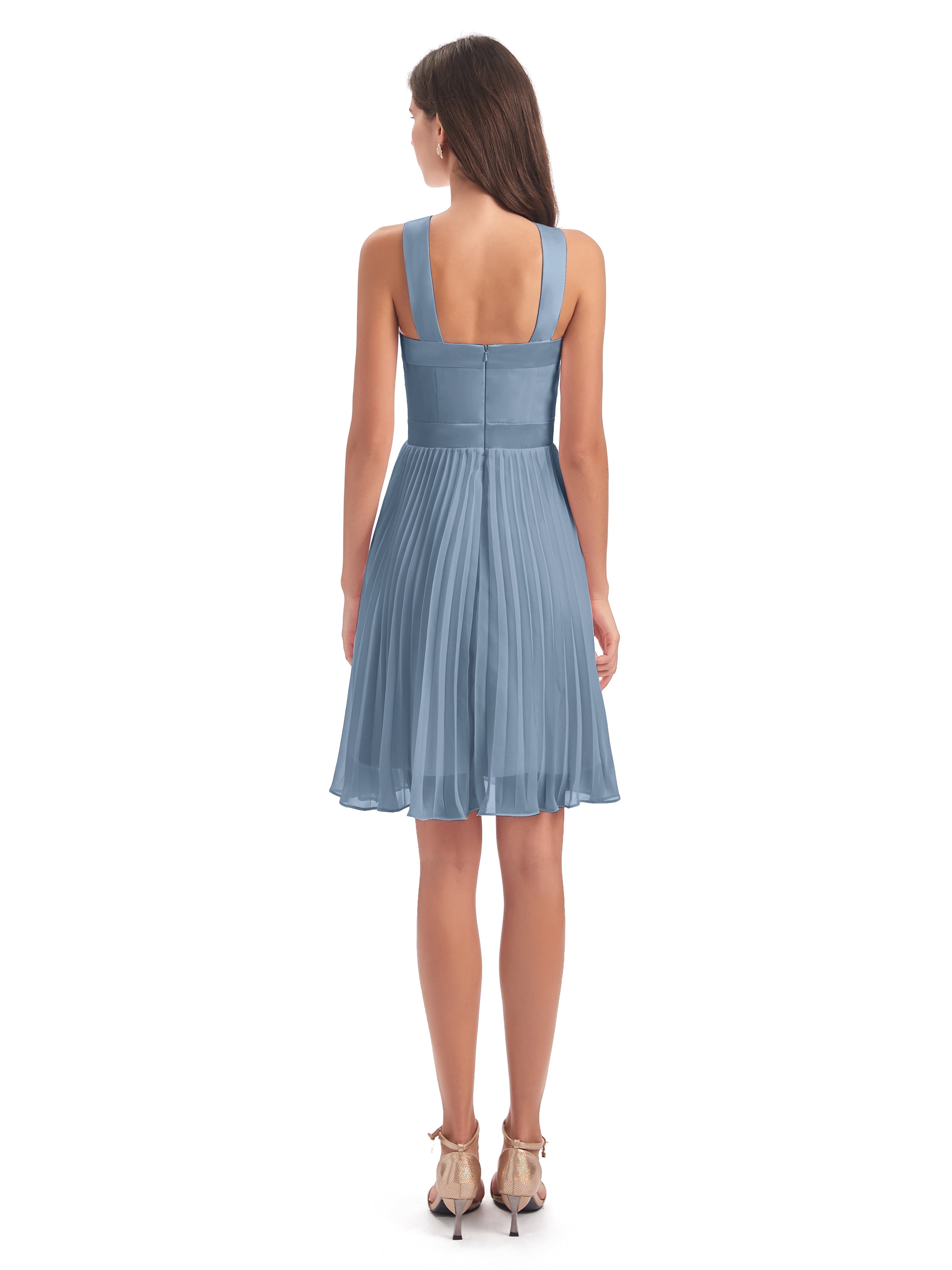 Robes De Demoiselle D'Honneur Bleu De Schiste Longueur Genou Plis Bretelles Robes Demoiselle D'Honneur