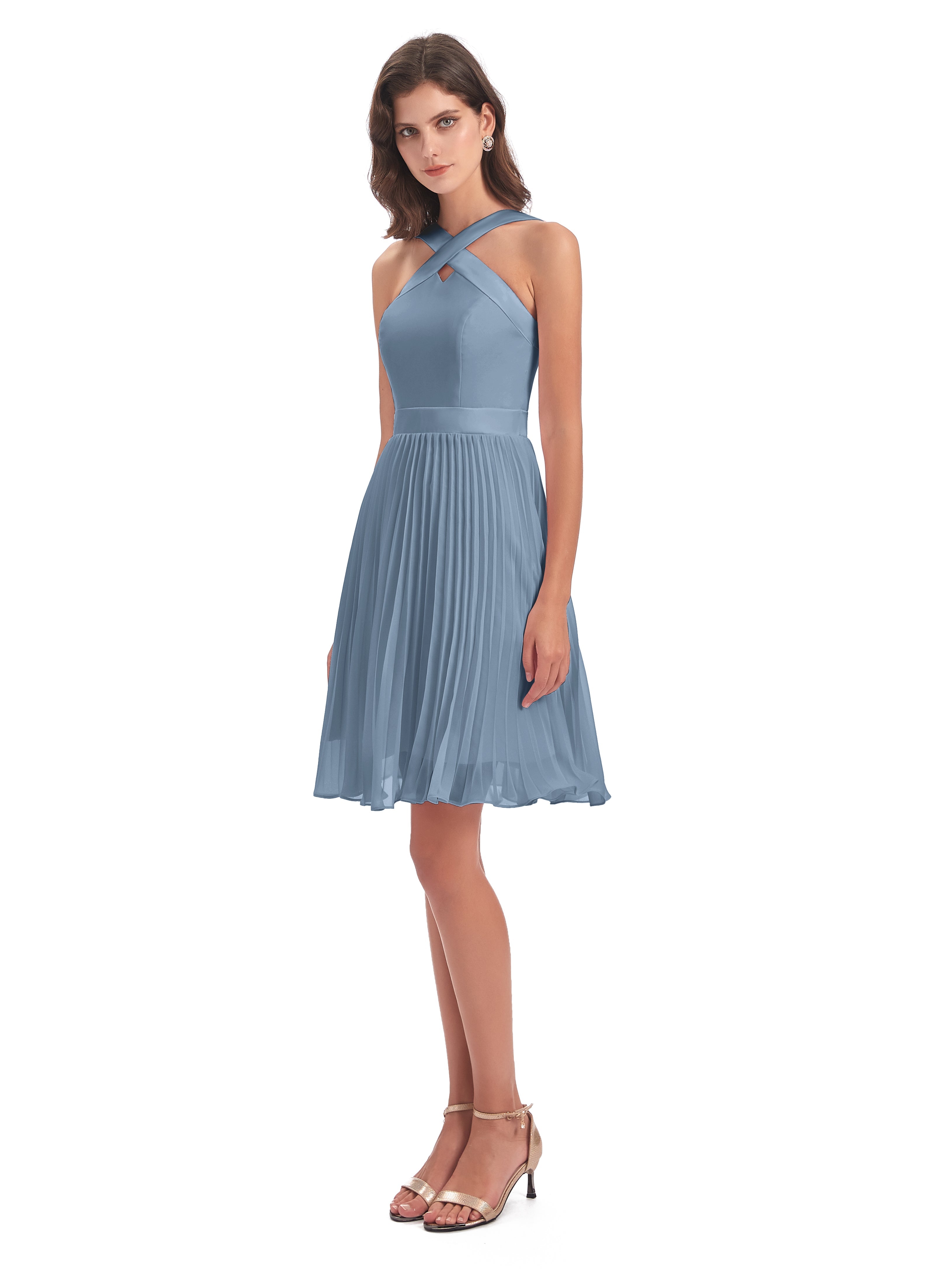 Robes De Demoiselle D'Honneur Bleu De Schiste Longueur Genou Plis Bretelles Robes Demoiselle D'Honneur