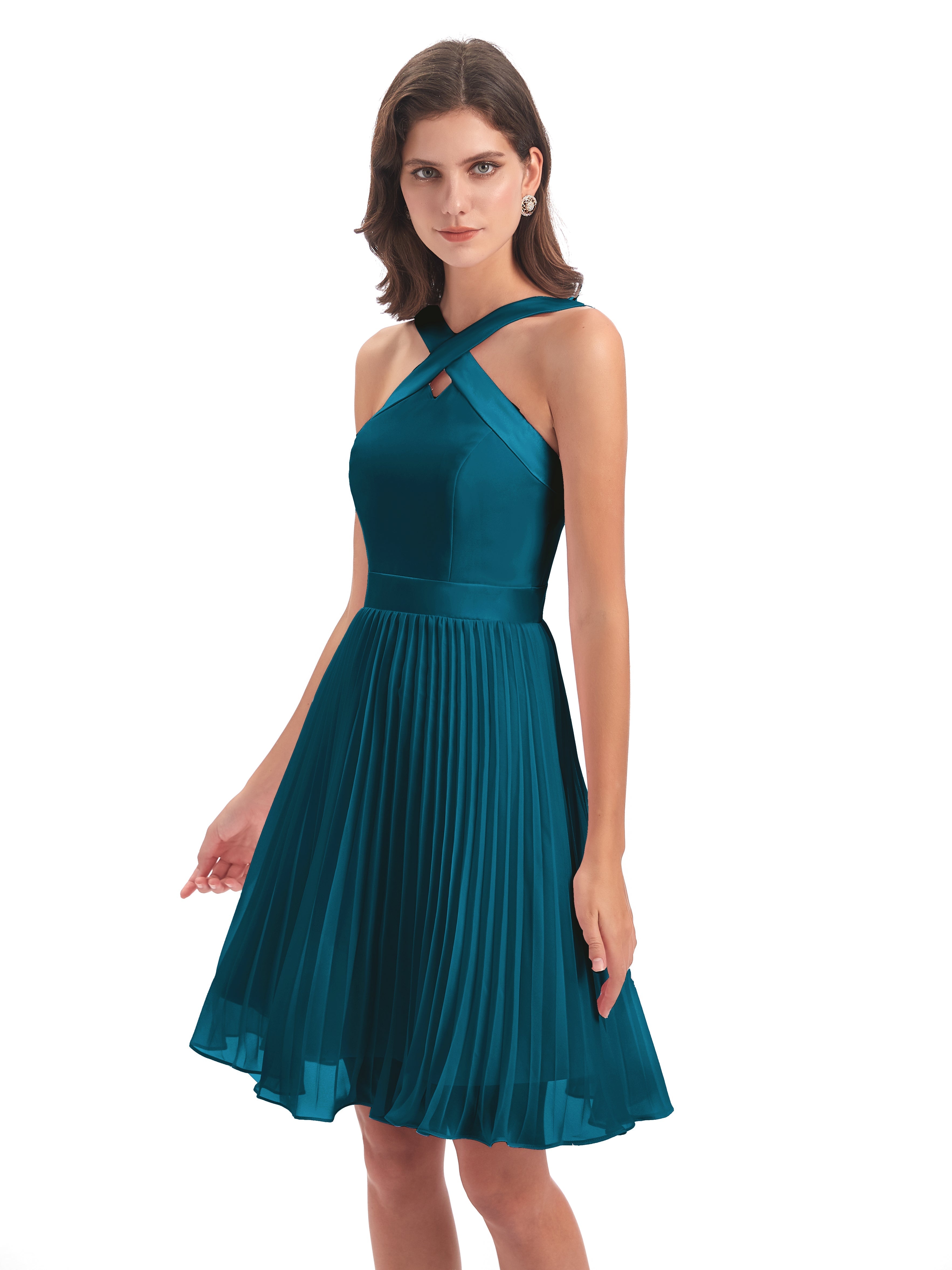 Robes De Demoiselle D'Honneur Bleu Encre Longueur Genou Plis Bretelles Robes Demoiselle D'Honneur