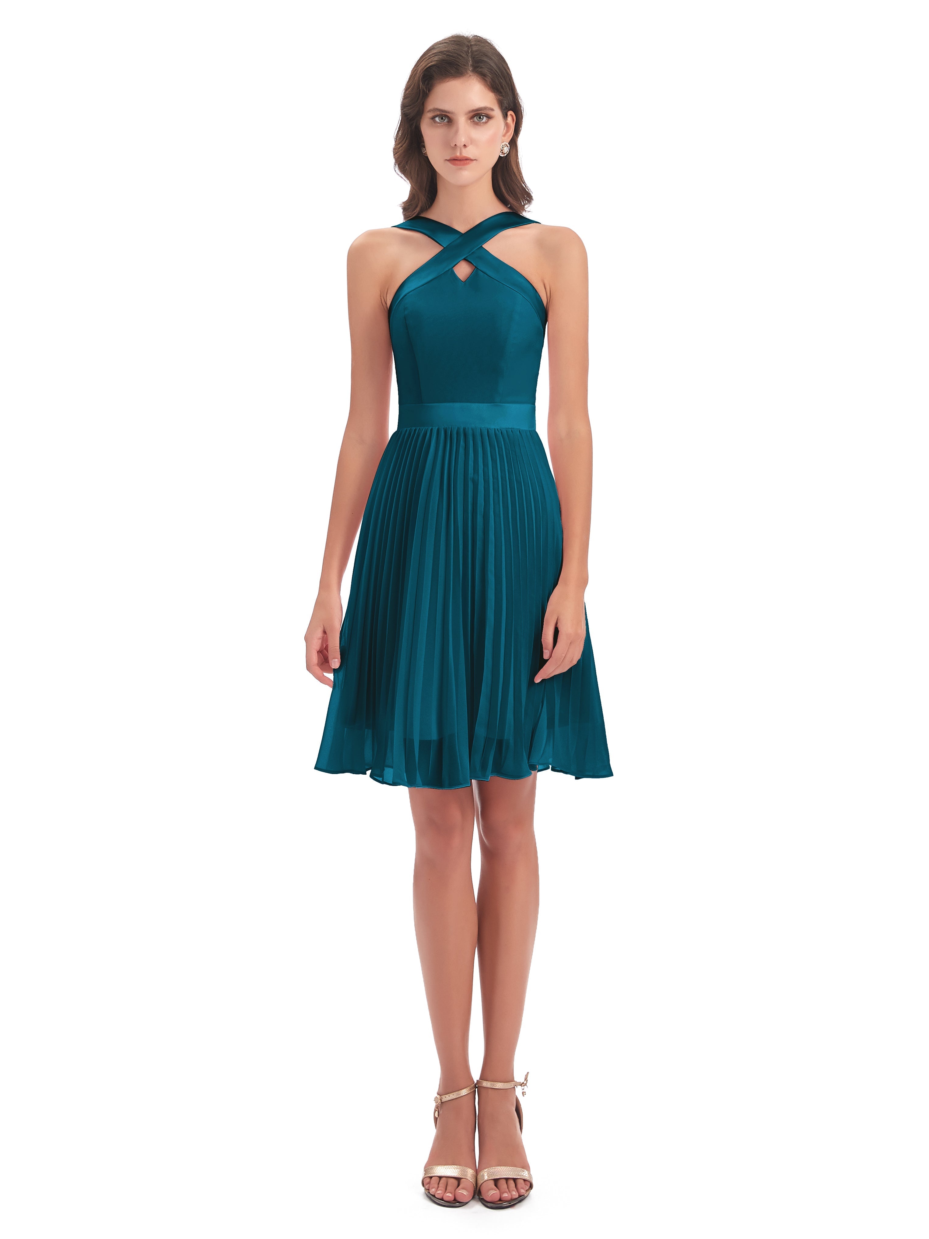 Robes De Demoiselle D'Honneur Bleu Encre Longueur Genou Plis Bretelles Robes Demoiselle D'Honneur