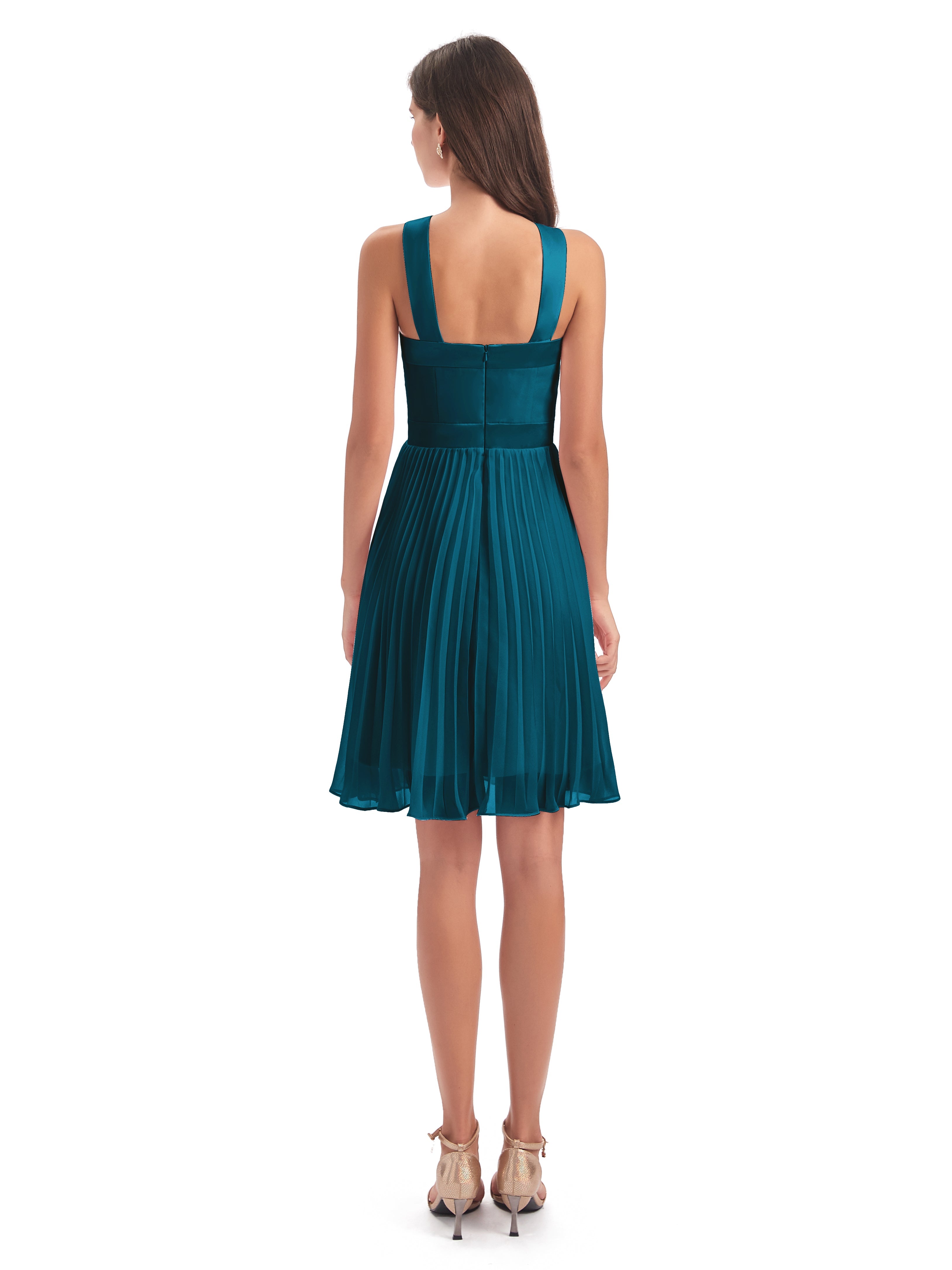 Robes De Demoiselle D'Honneur Bleu Encre Longueur Genou Plis Bretelles Robes Demoiselle D'Honneur