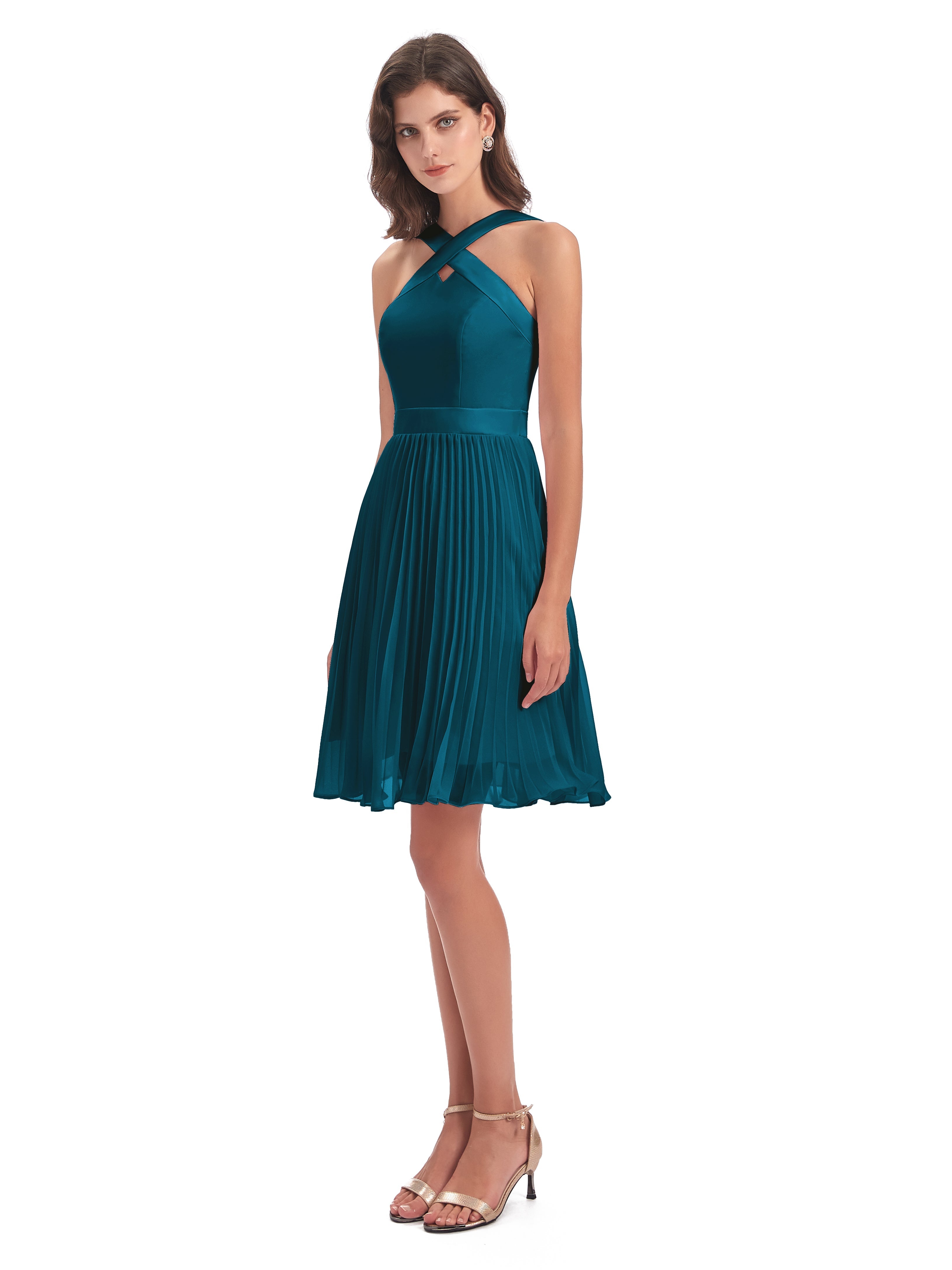 Robes De Demoiselle D'Honneur Bleu Encre Longueur Genou Plis Bretelles Robes Demoiselle D'Honneur