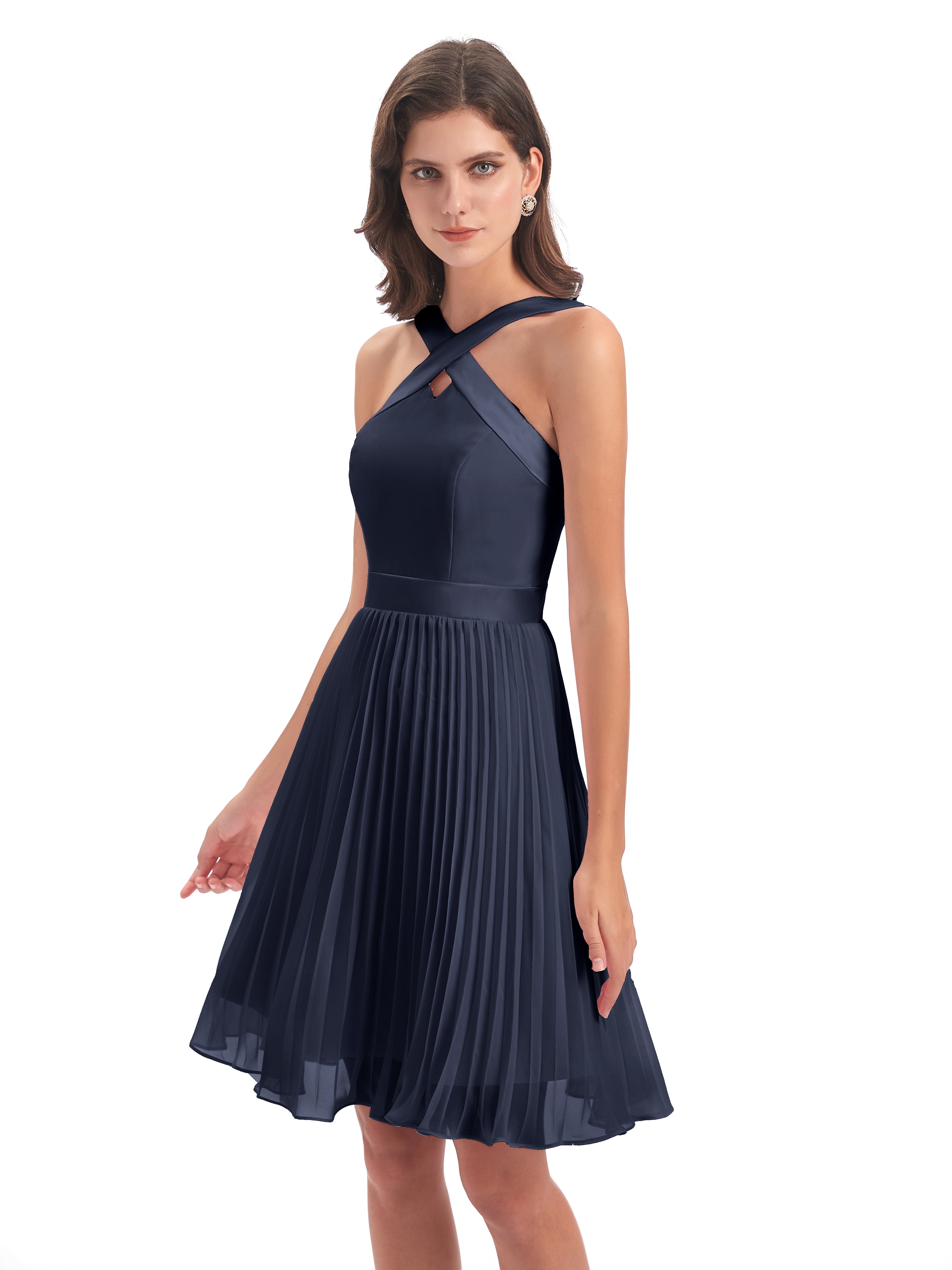 Robes De Demoiselle D'Honneur Bleu Marine Courtes Longueur Genou Plis Bretelles Robes Demoiselle D'Honneur