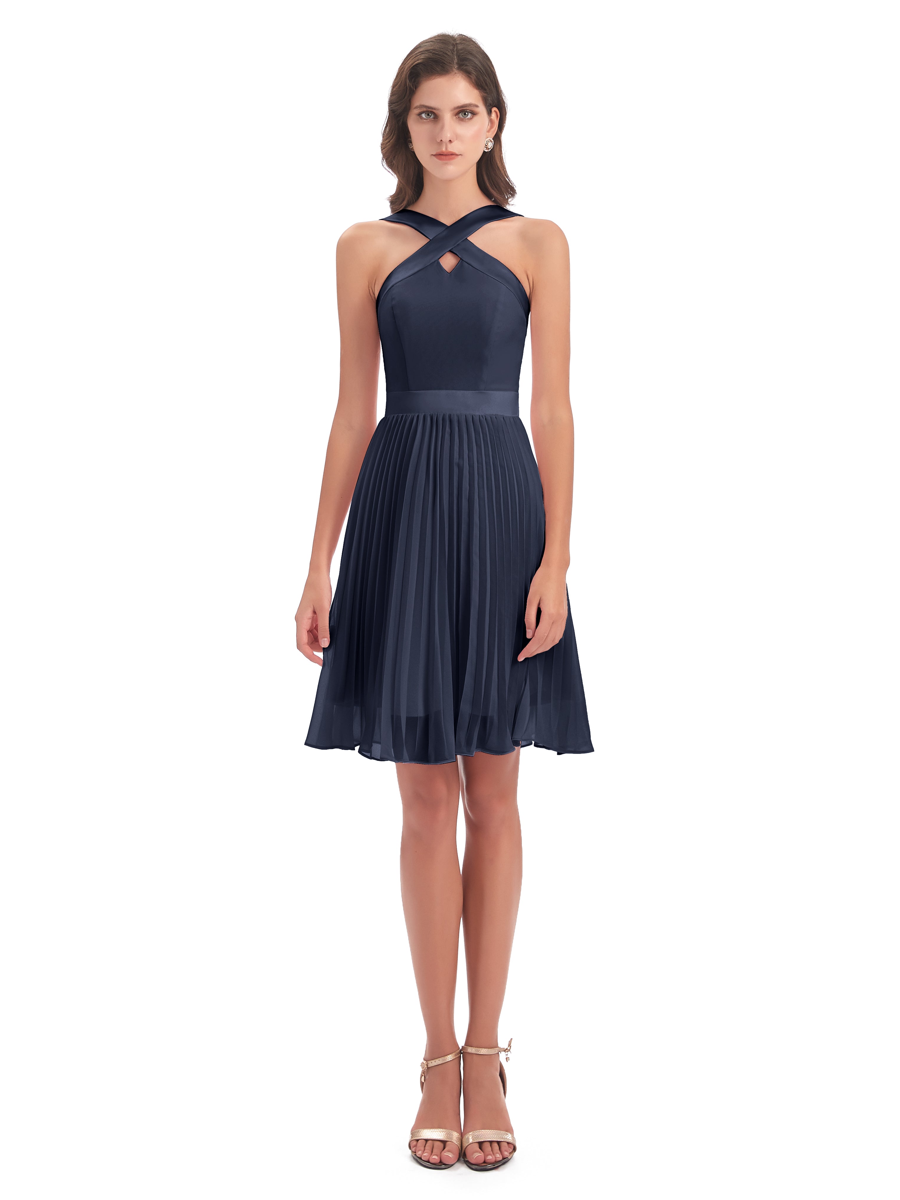 Robes De Demoiselle D'Honneur Bleu Marine Courtes Longueur Genou Plis Bretelles Robes Demoiselle D'Honneur