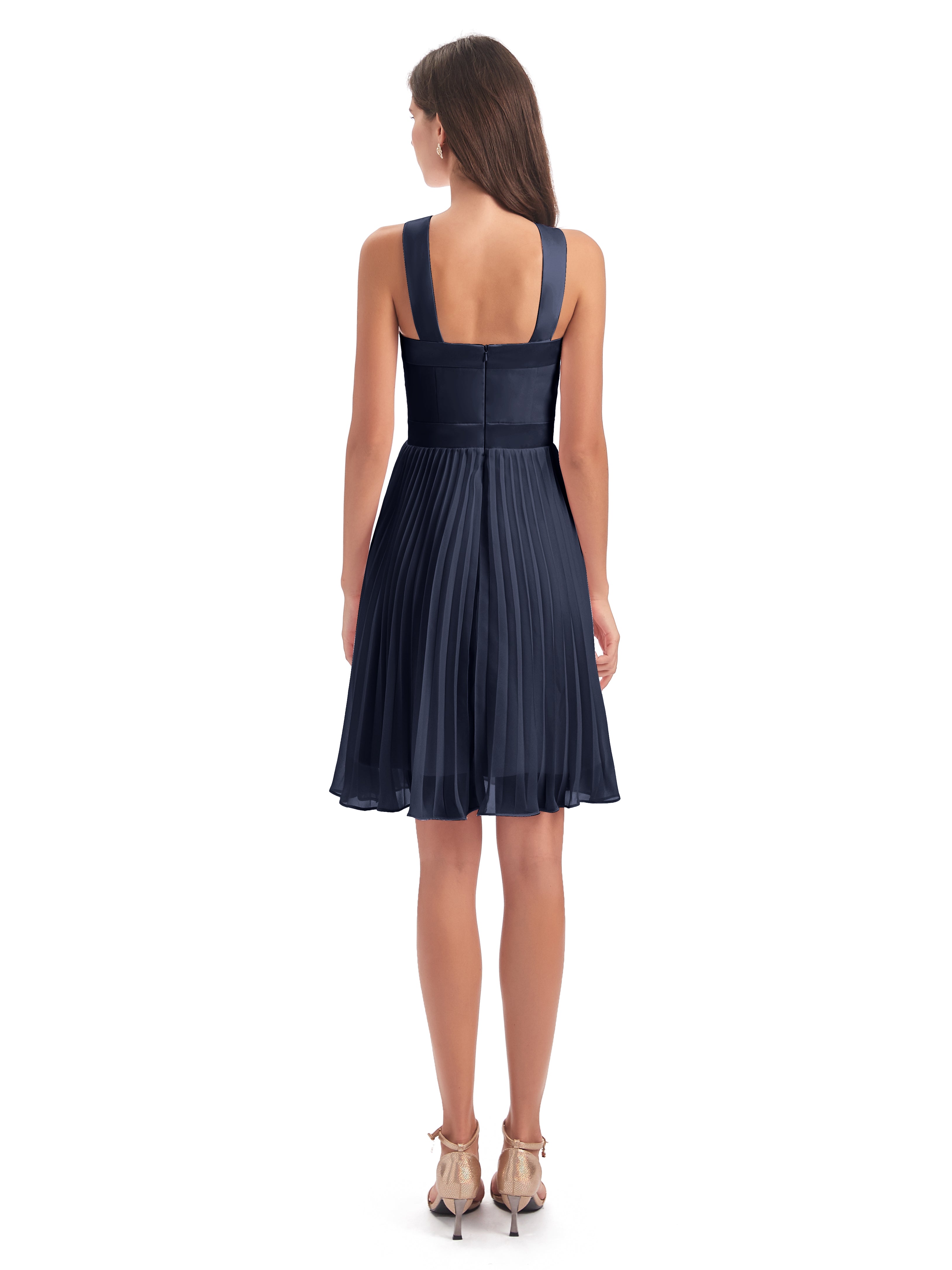Robes De Demoiselle D'Honneur Bleu Marine Courtes Longueur Genou Plis Bretelles Robes Demoiselle D'Honneur