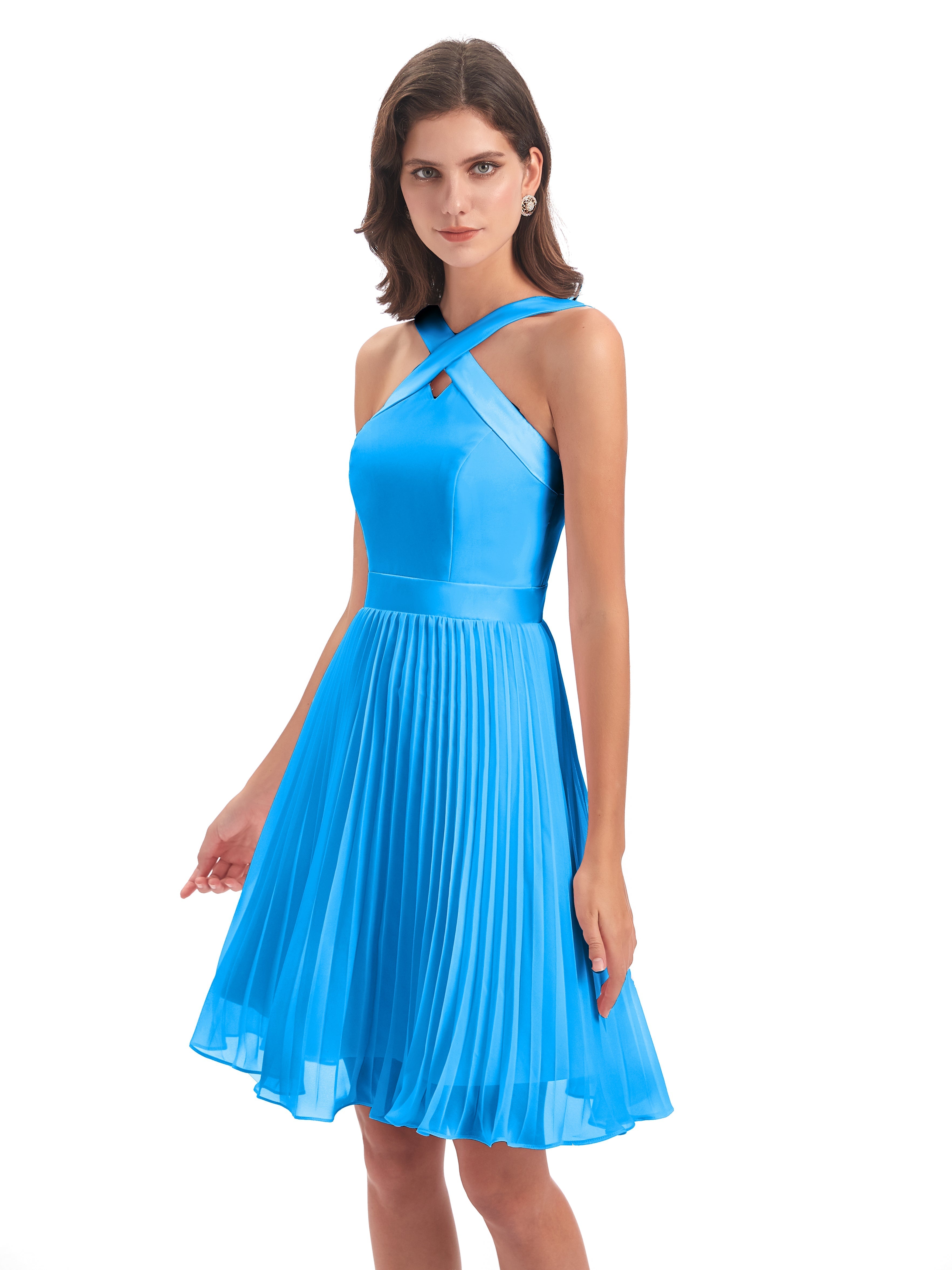 Robes De Demoiselle D'Honneur Bleu Océan Longueur Genou Plis Bretelles Robes Demoiselle D'Honneur