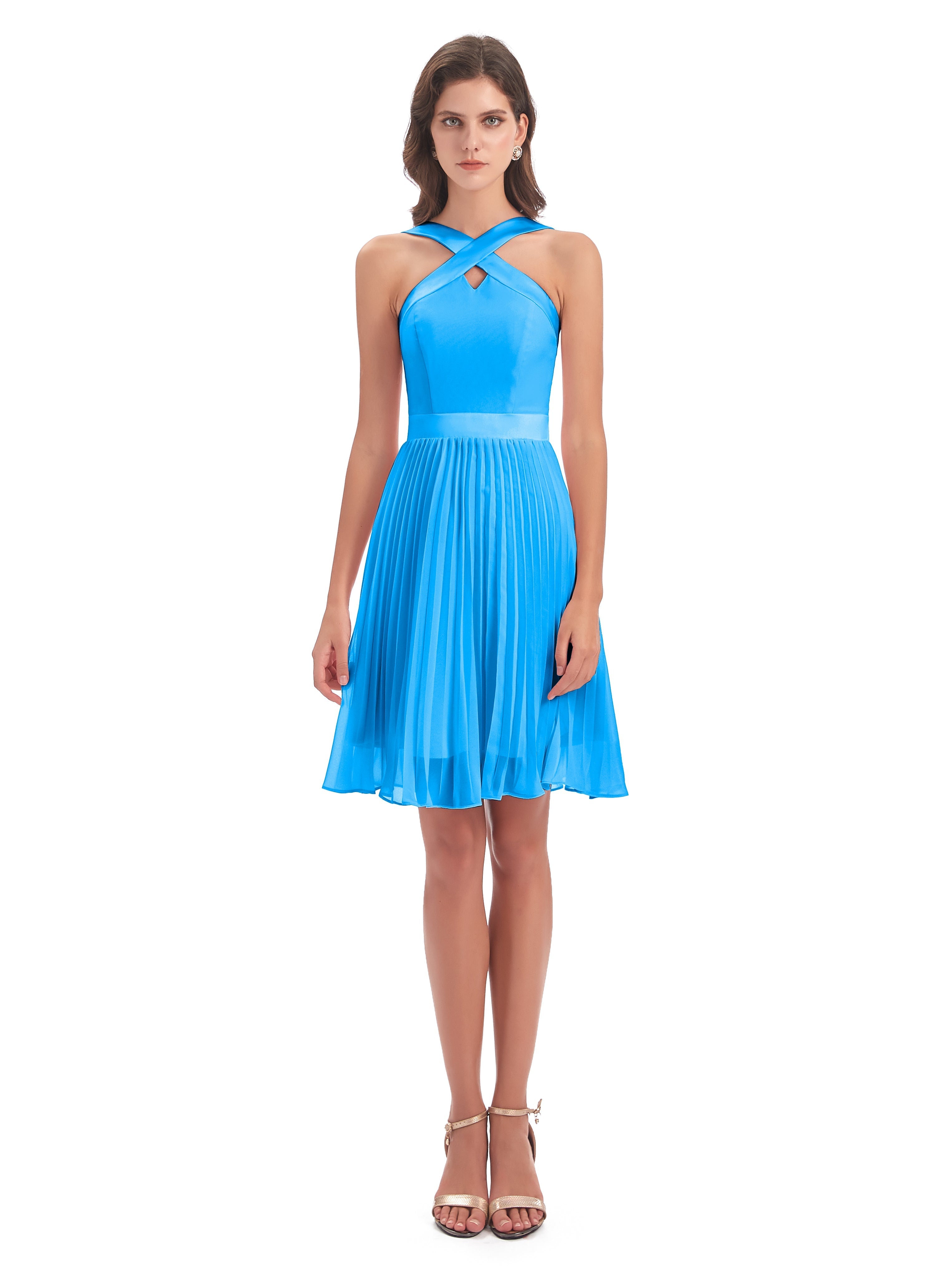 Robes De Demoiselle D'Honneur Bleu Océan Longueur Genou Plis Bretelles Robes Demoiselle D'Honneur